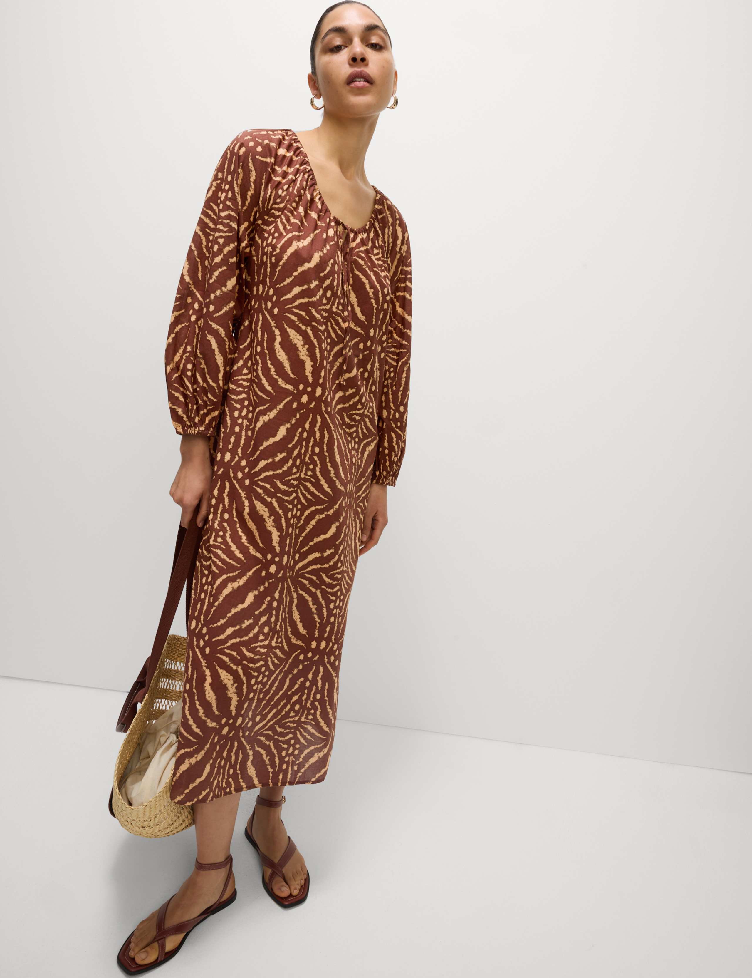 Pure Cotton Printed Tie Neck Puff Sleeve Midaxi Kaftan Dress 4 of 5