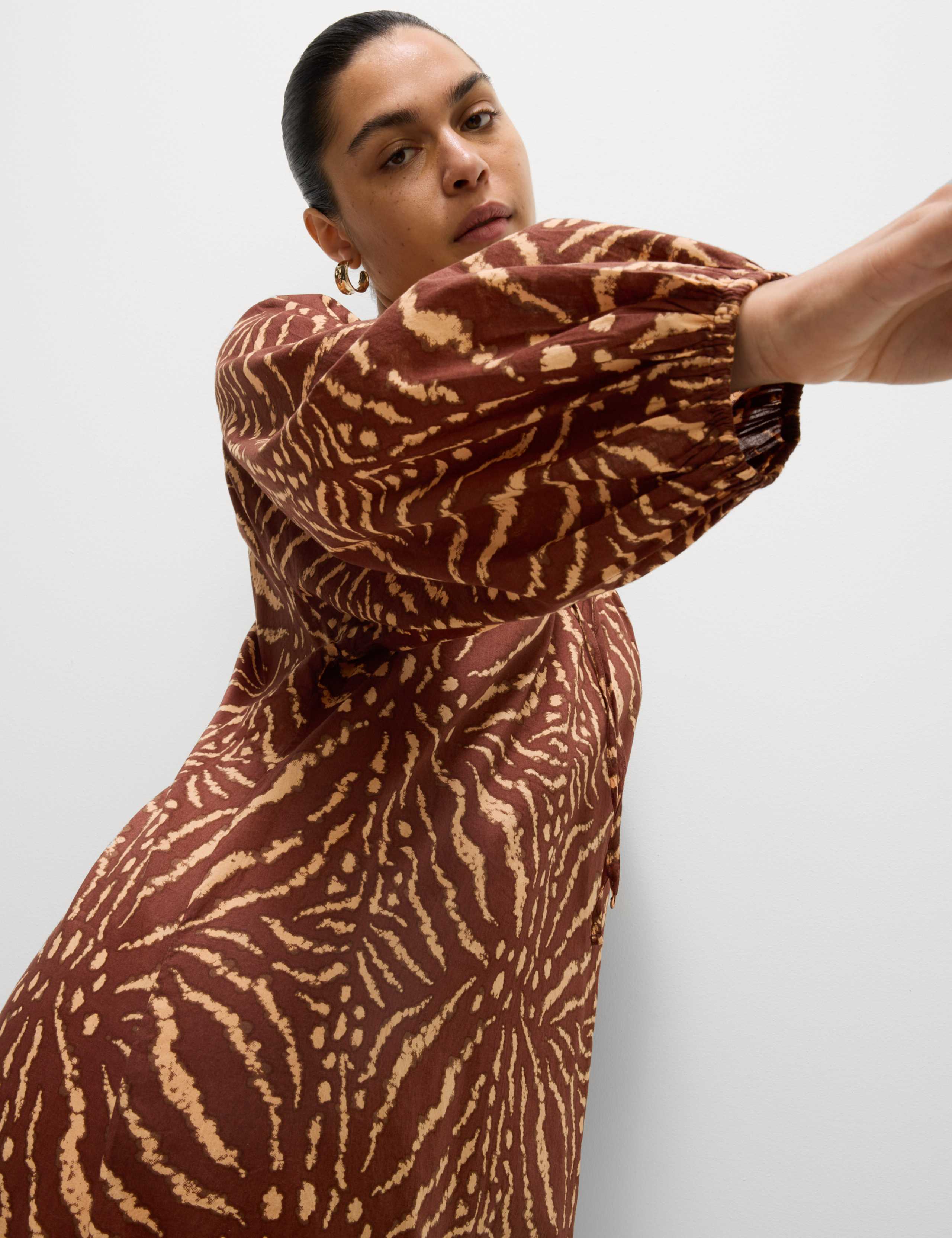 Pure Cotton Printed Tie Neck Puff Sleeve Midaxi Kaftan Dress 5 of 5