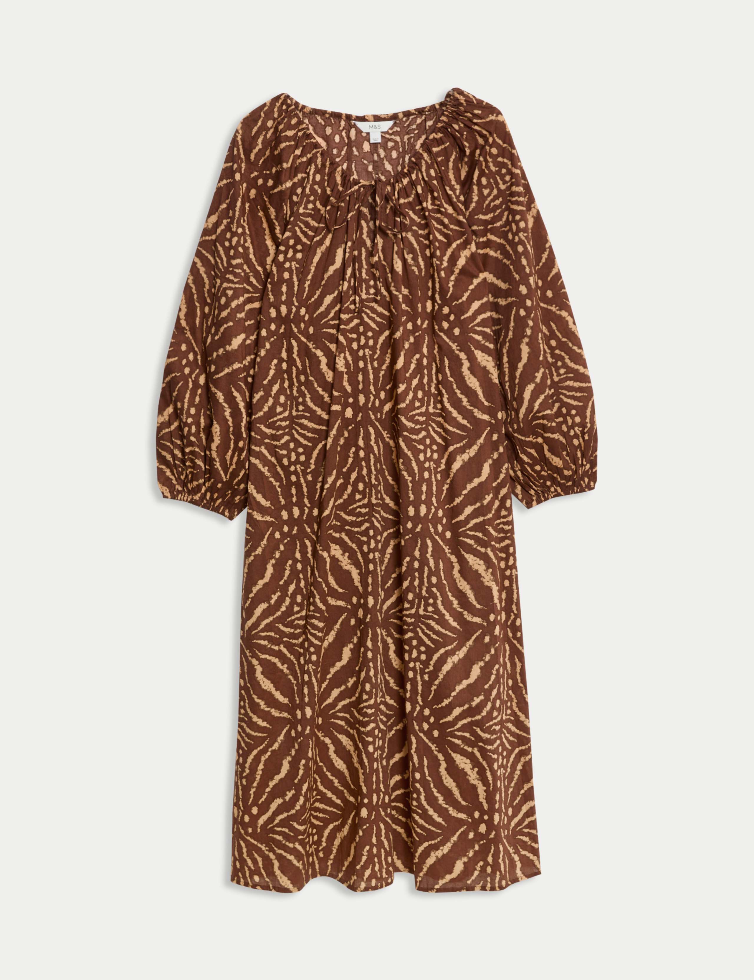 Pure Cotton Printed Tie Neck Puff Sleeve Midaxi Kaftan Dress 2 of 5