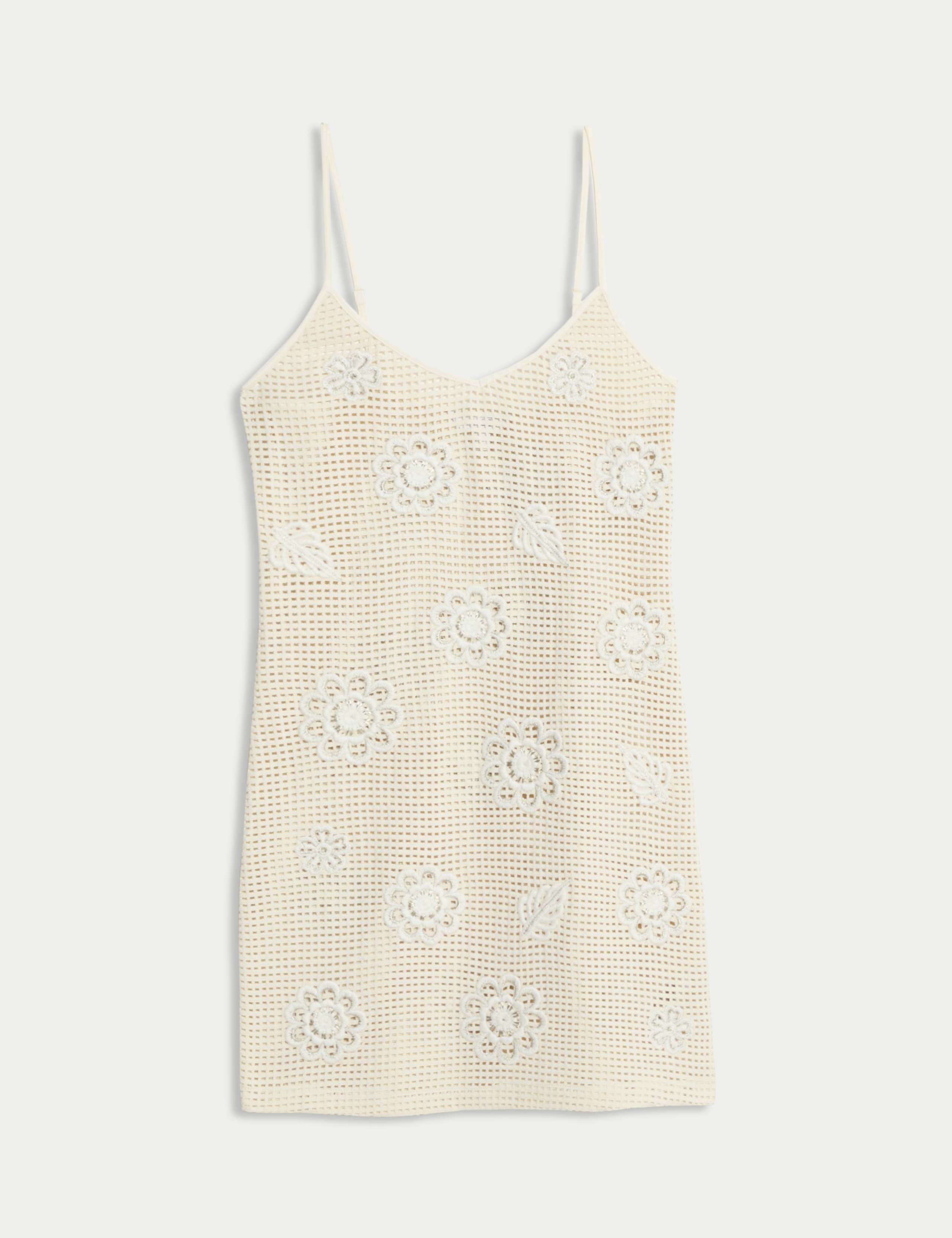 Pure Cotton Crochet Floral V-Neck Mini Beach Dress 2 of 6