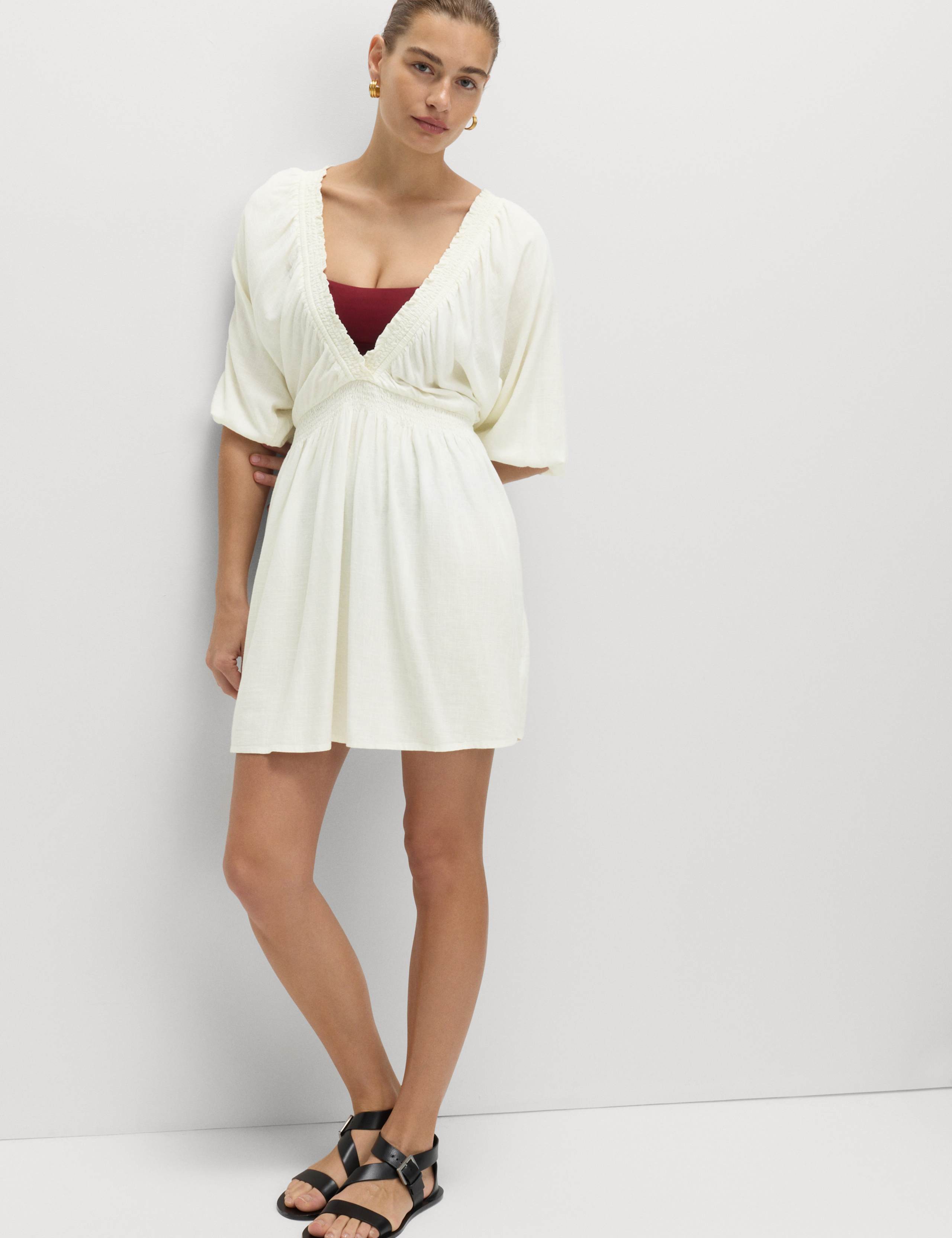 V-Neck Shirred Mini Beach Dress With Linen 4 of 4