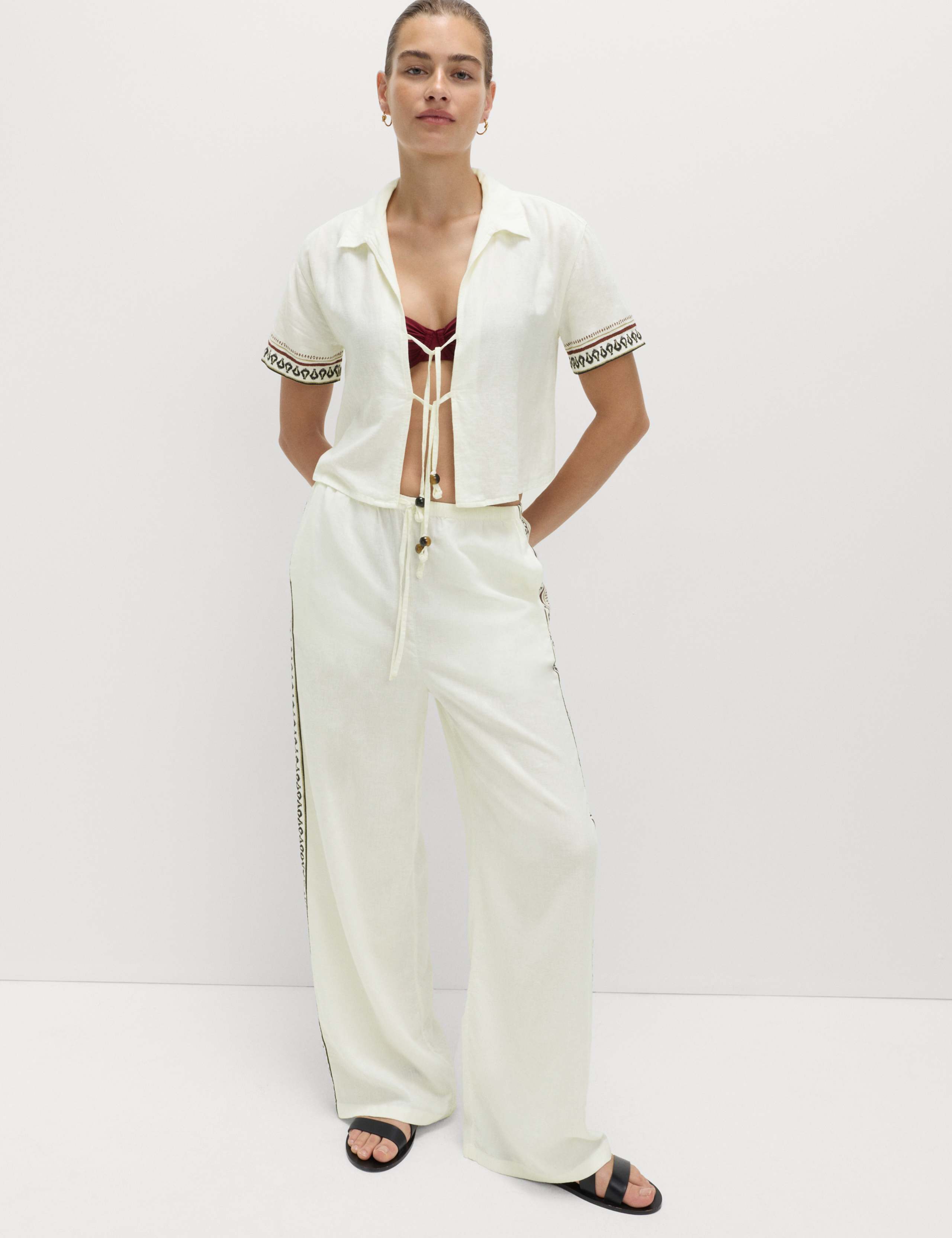 Linen Rich Beaded Tie Front Beach Shirt 3 of 5