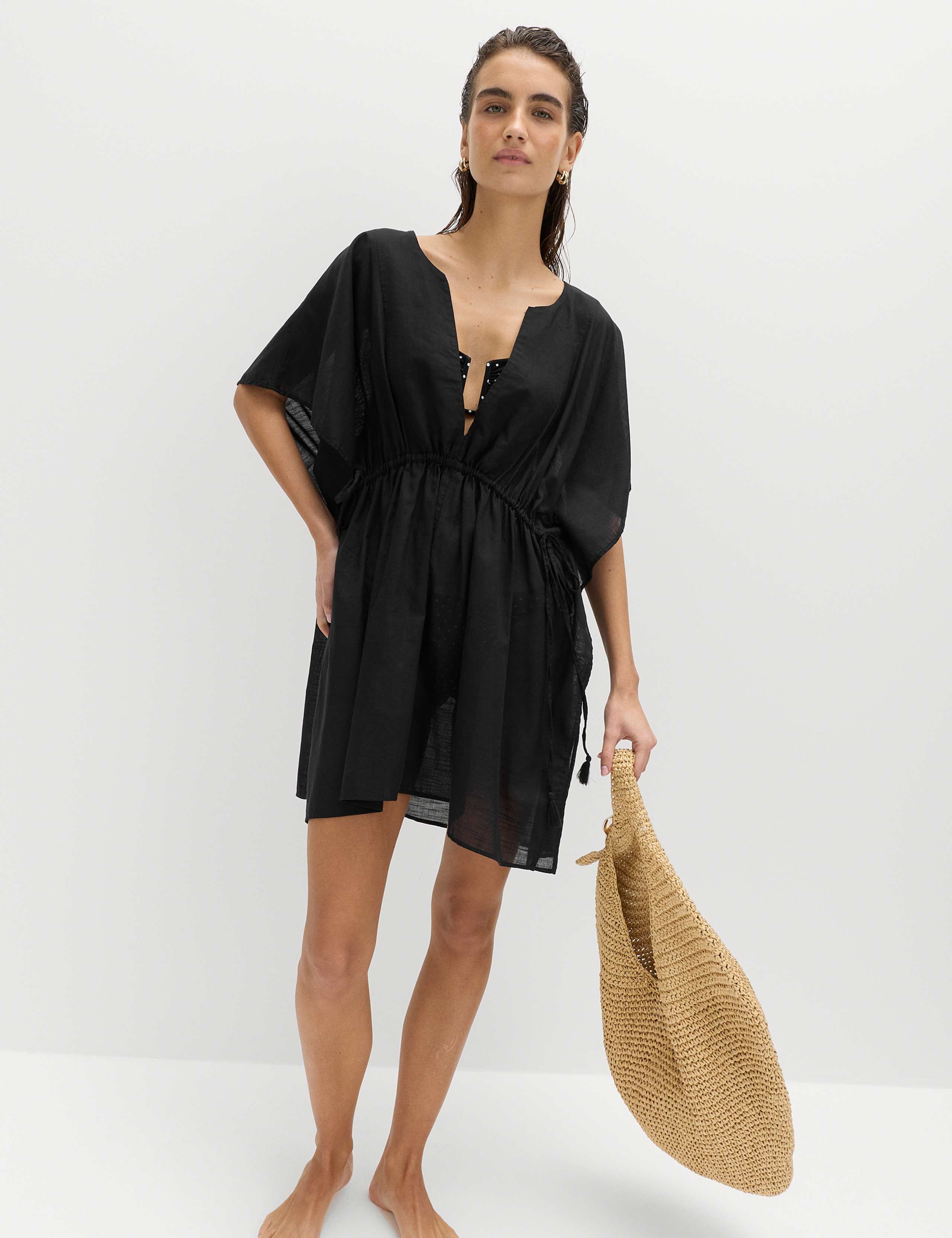 Pure Cotton Tie Detail Mini Kaftan Dress 1 of 5