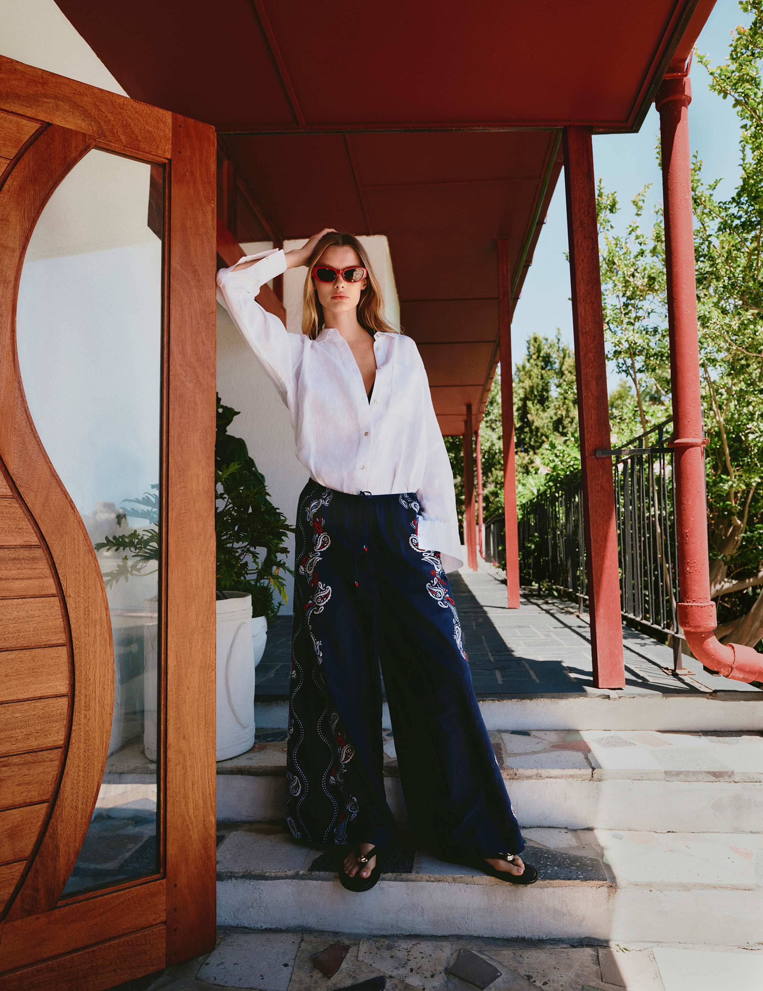 Pure Cotton Printed Drawstring Wide Leg Beach Trousers 1 of 5