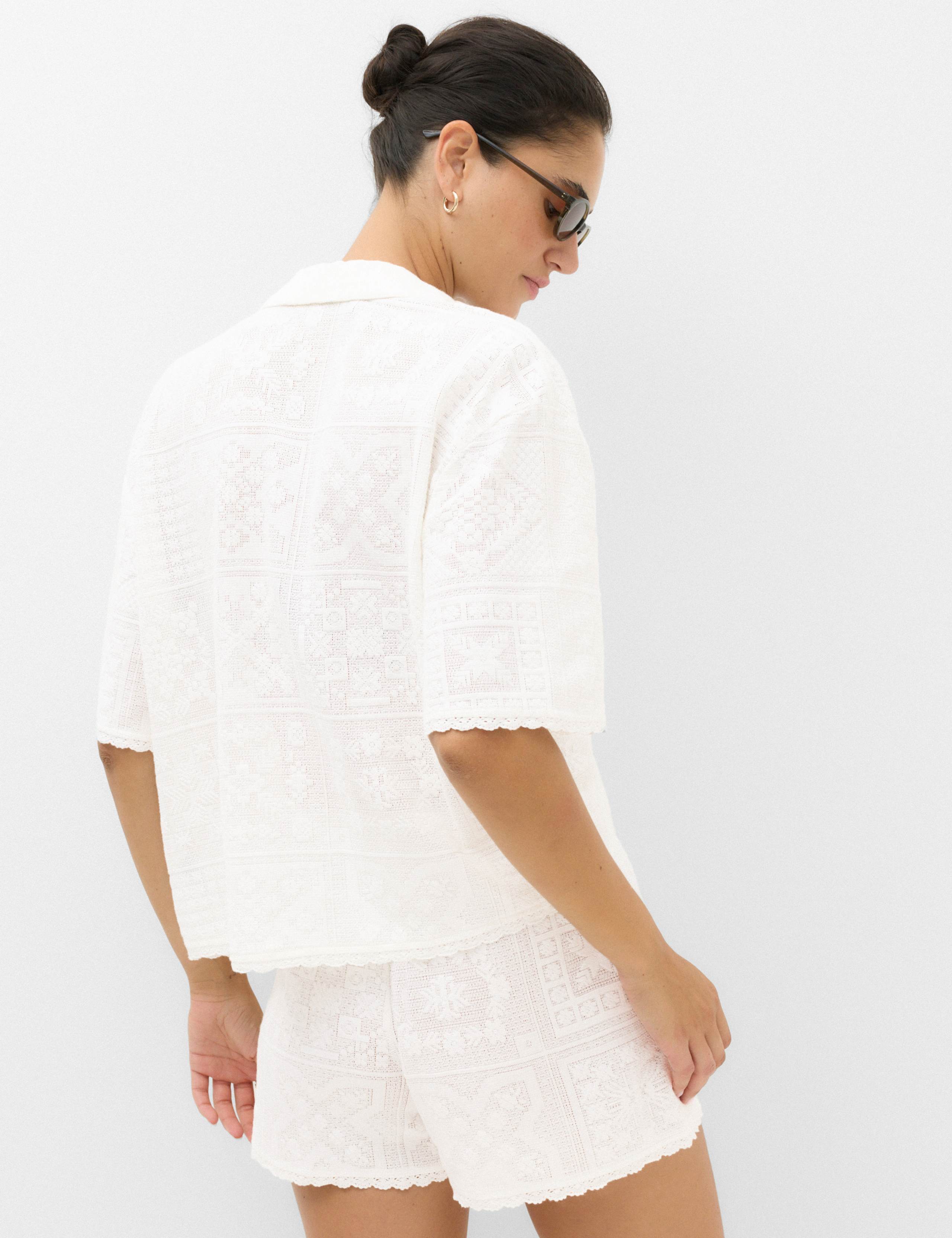Cotton Rich Textured Collared Beach Cover Up Shirt 3 of 6
