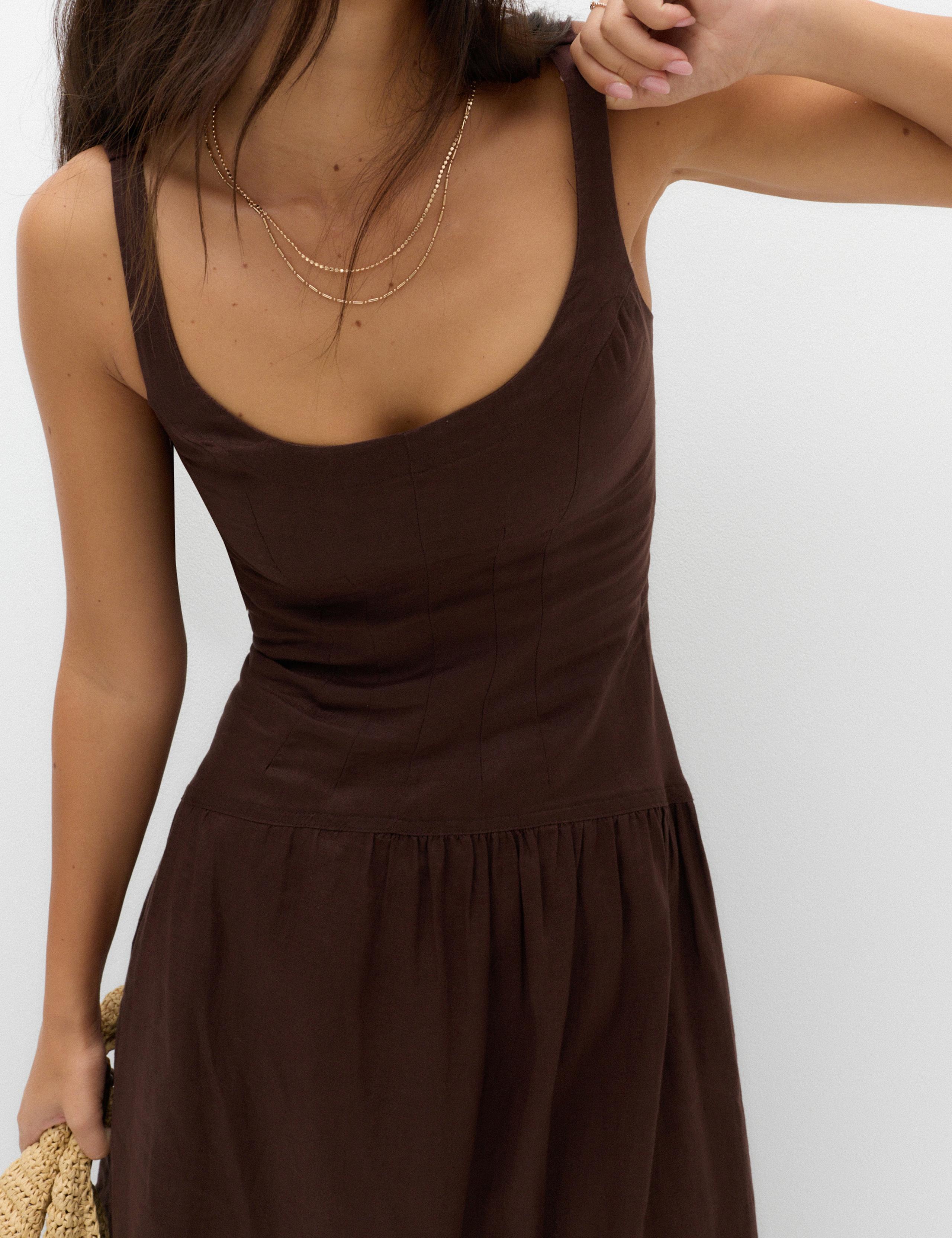 Pure Linen Scoop Neck Waisted Midaxi Dress 3 of 6