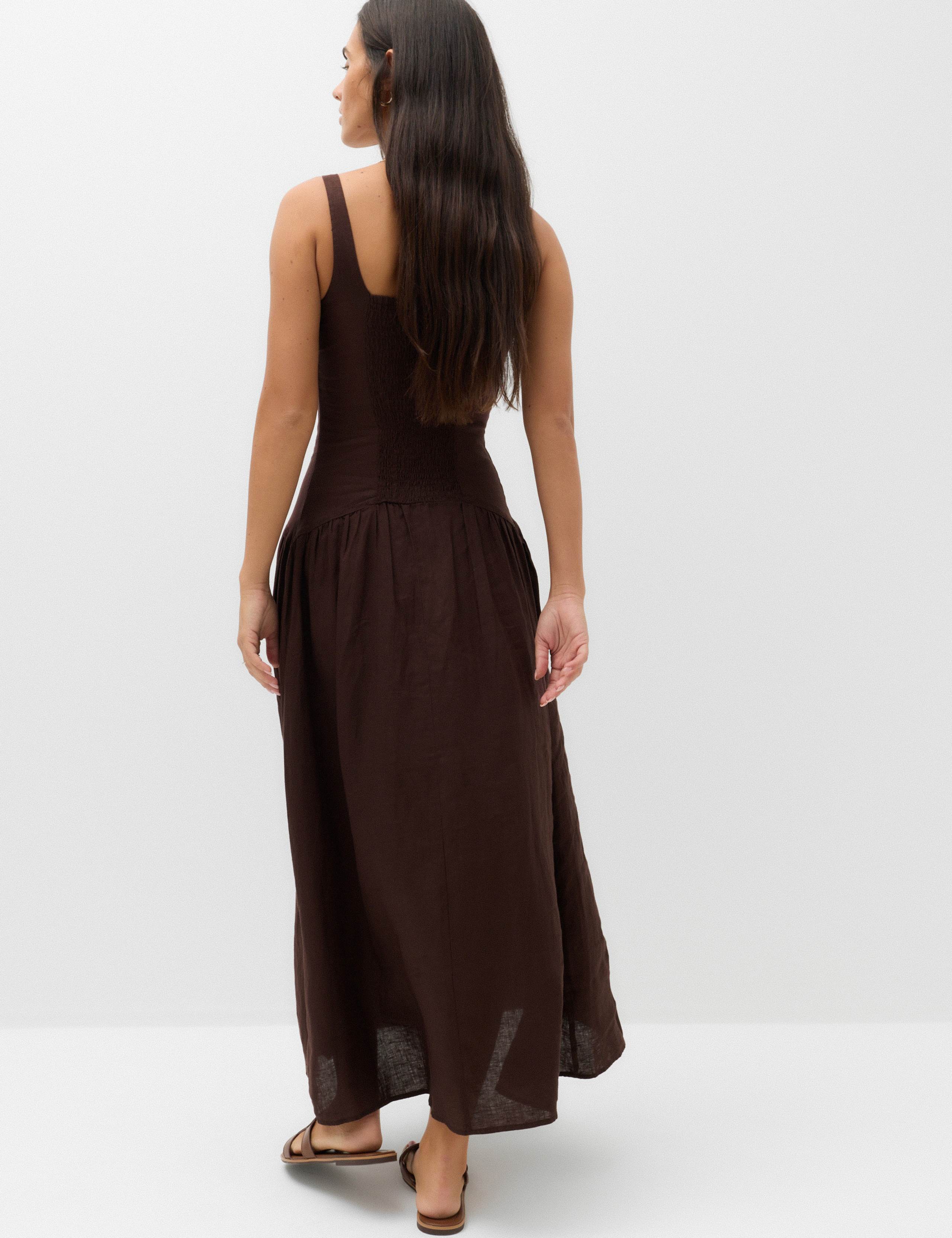 Pure Linen Scoop Neck Waisted Midaxi Dress 4 of 6