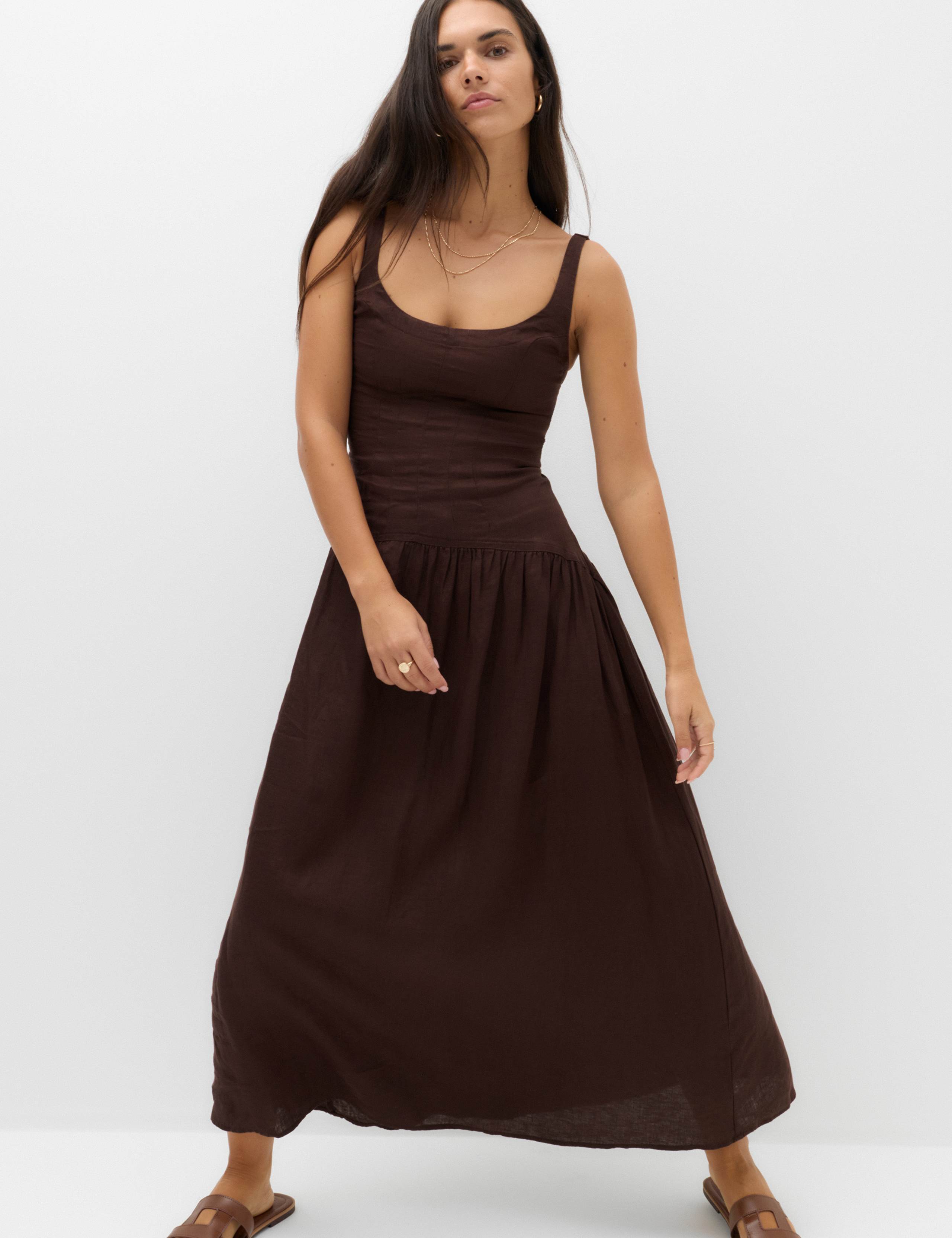 Pure Linen Scoop Neck Waisted Midaxi Dress 6 of 6