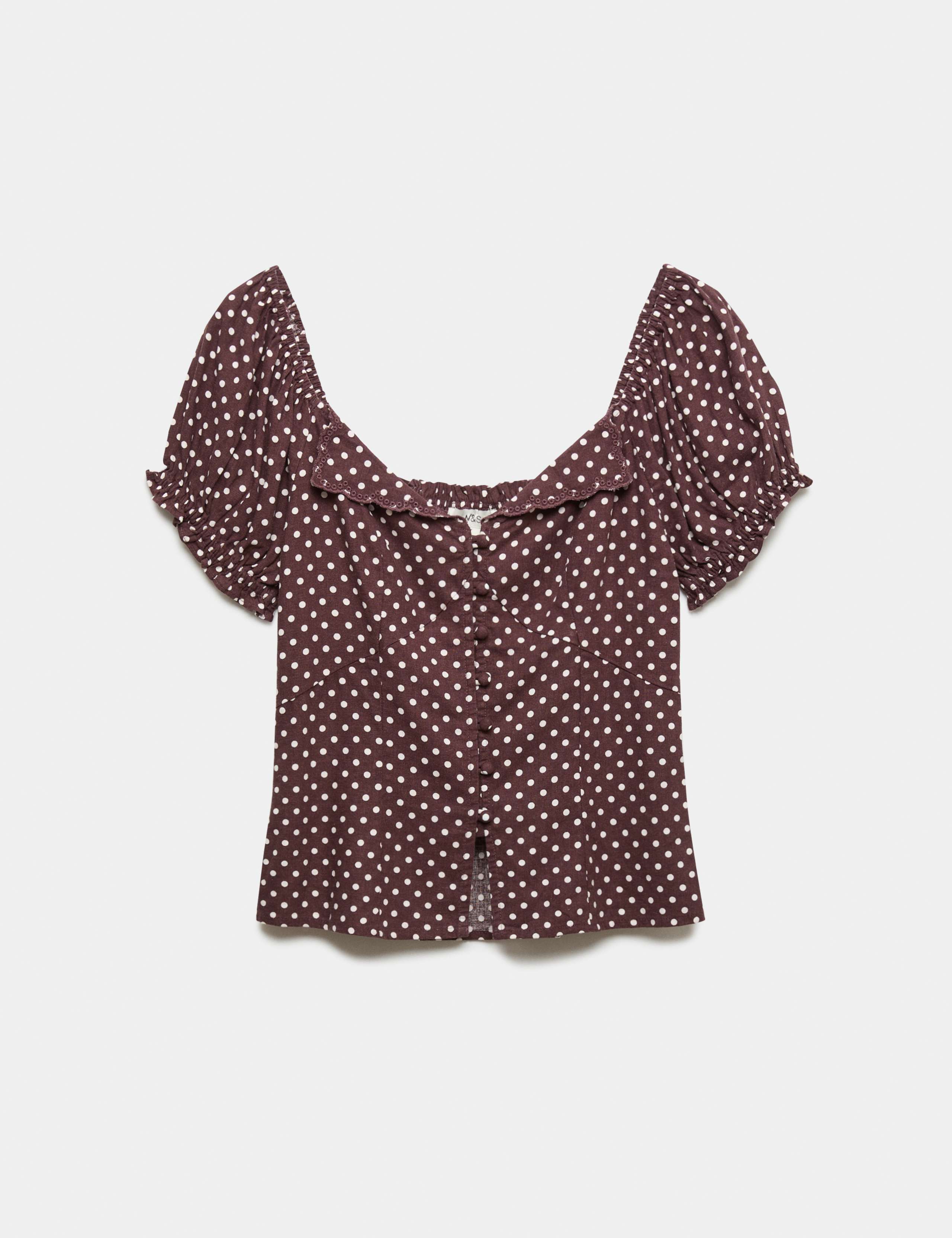 Linen Rich Polka Dot Square Neck Top 2 of 5