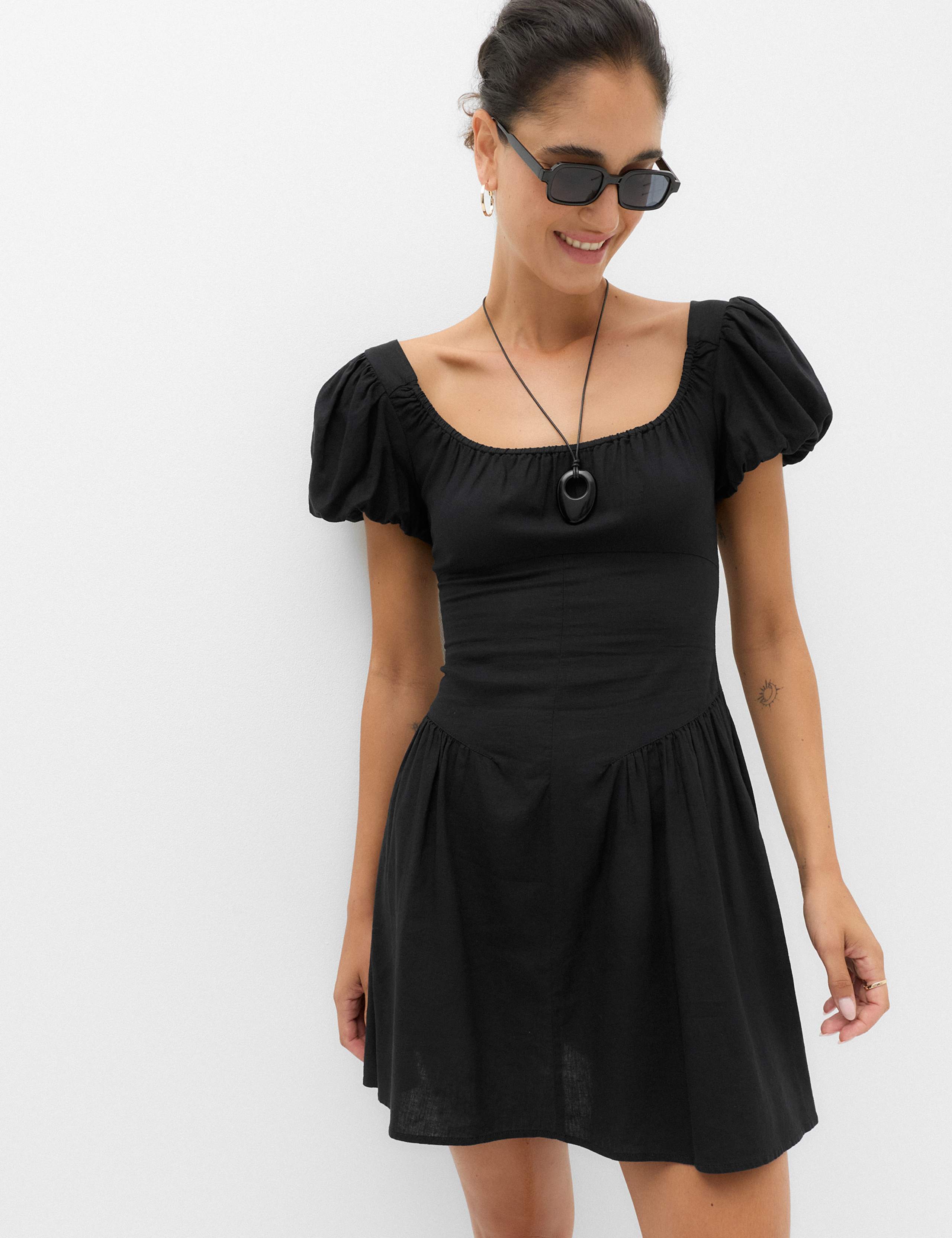 Linen Blend Square Neck Puff Sleeve Mini Dress 4 of 6