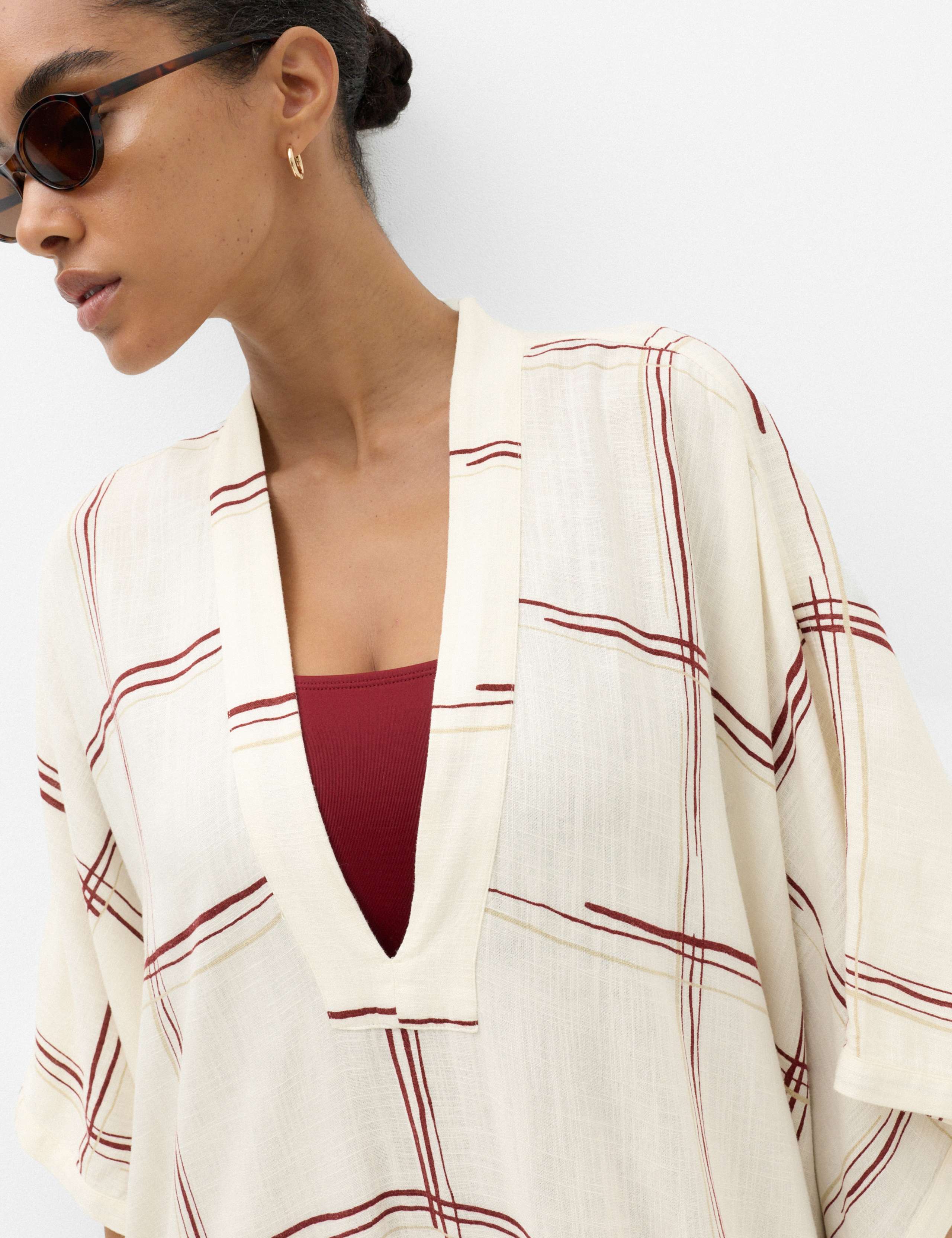 Checked Midi Kaftan Beach Dress with Linen 3 of 5