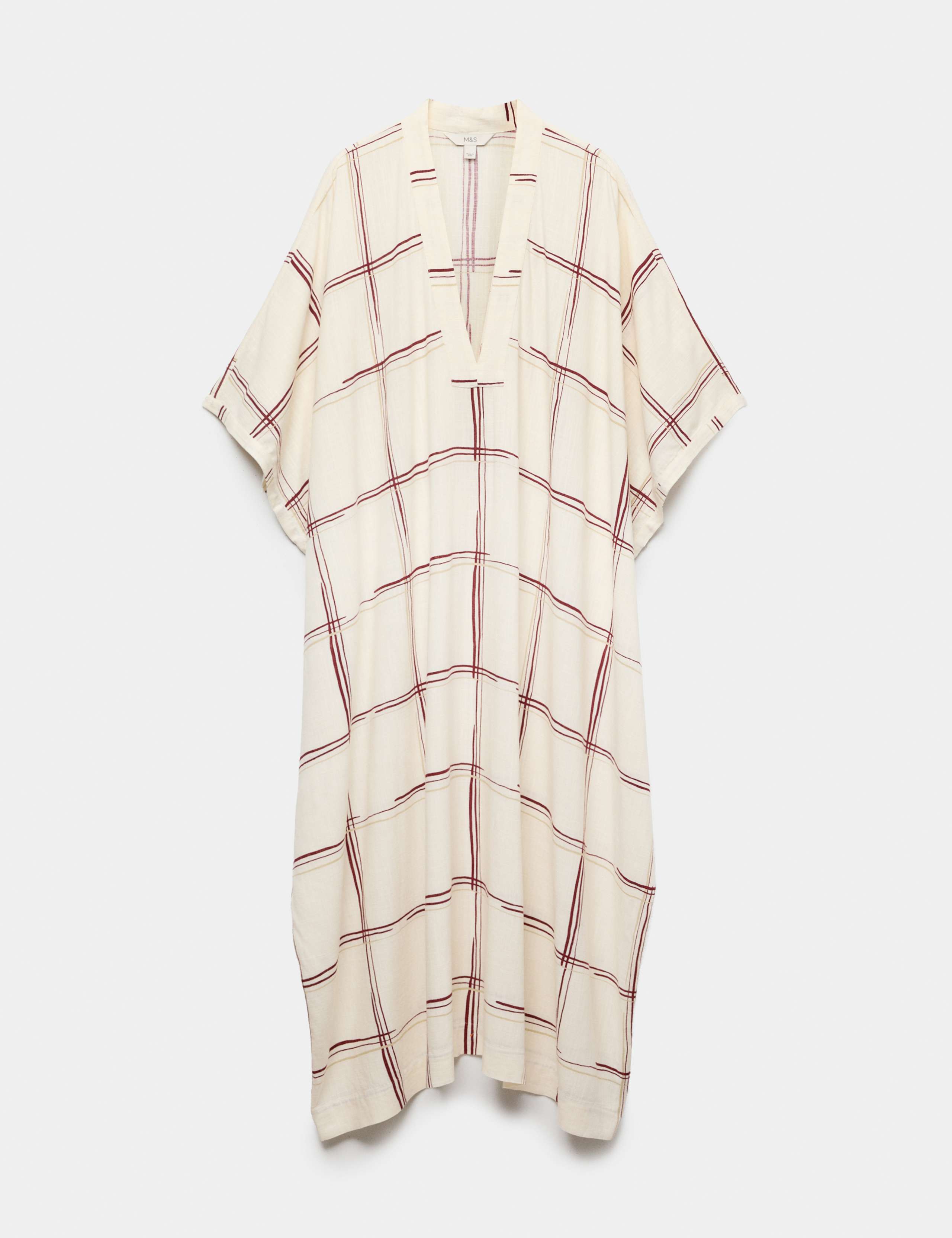 Checked Midi Kaftan Beach Dress with Linen 2 of 5