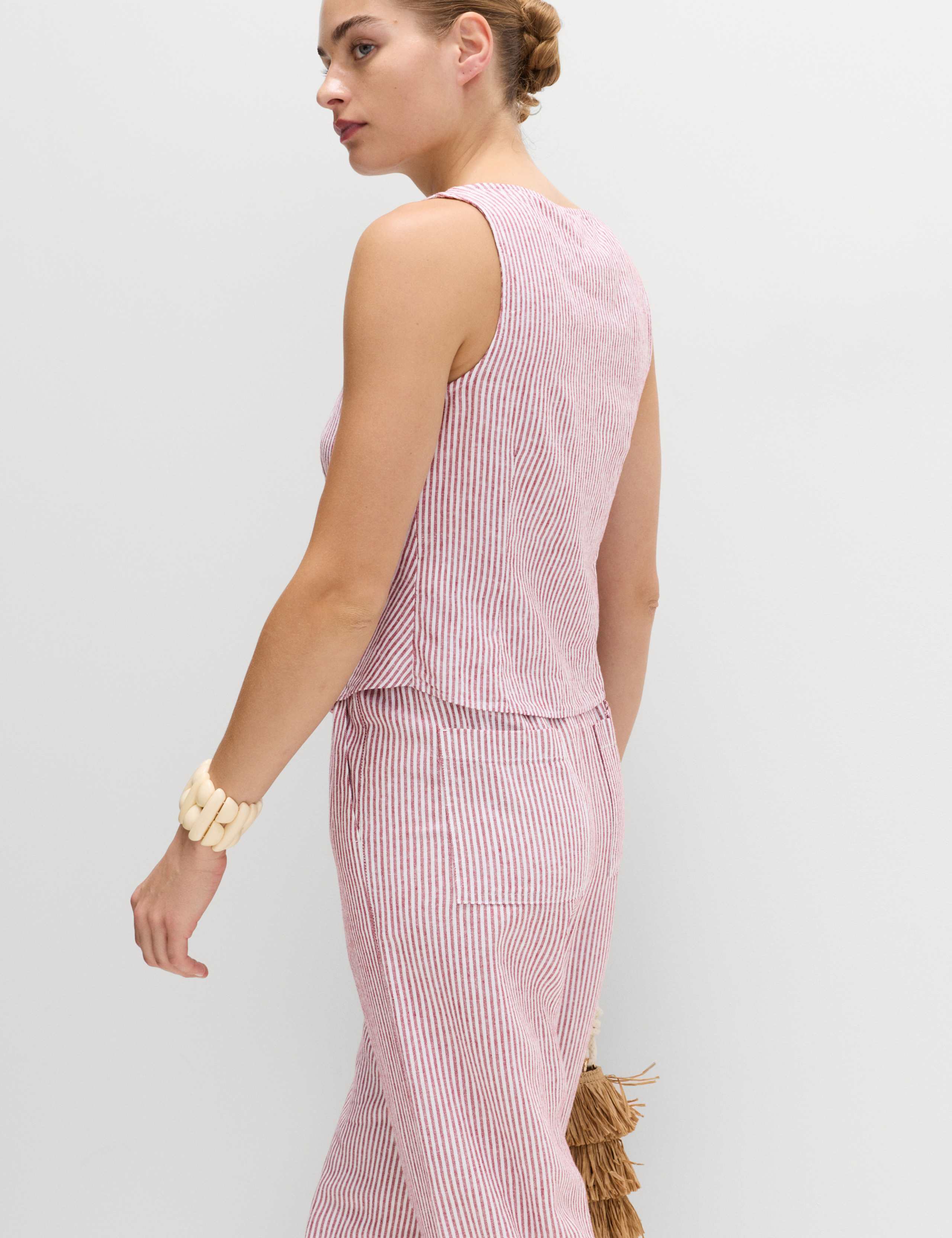 Linen Rich Striped Button Through Top 3 of 5