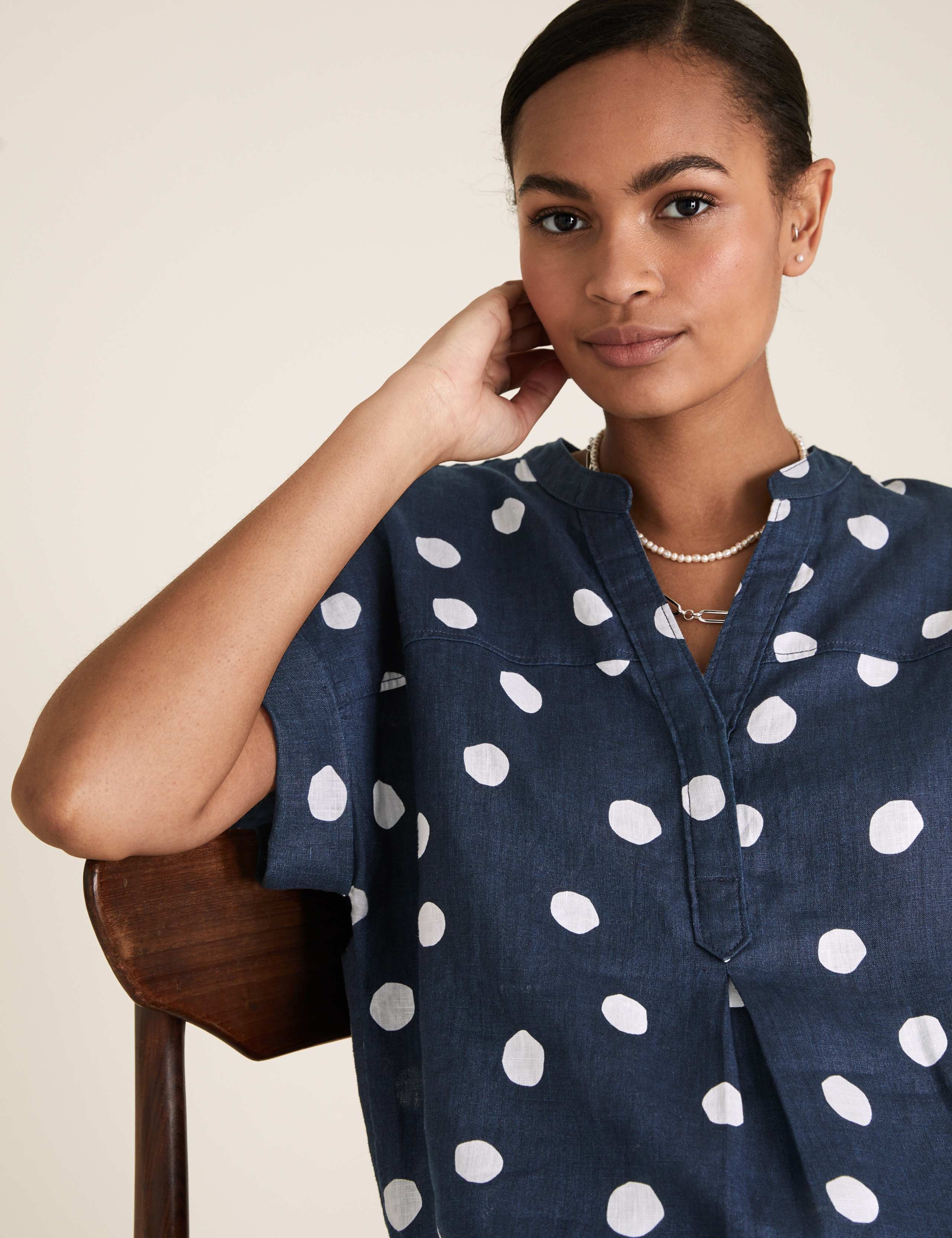 Pure Linen Polka Dot Short Sleeve Blouse 3 of 5