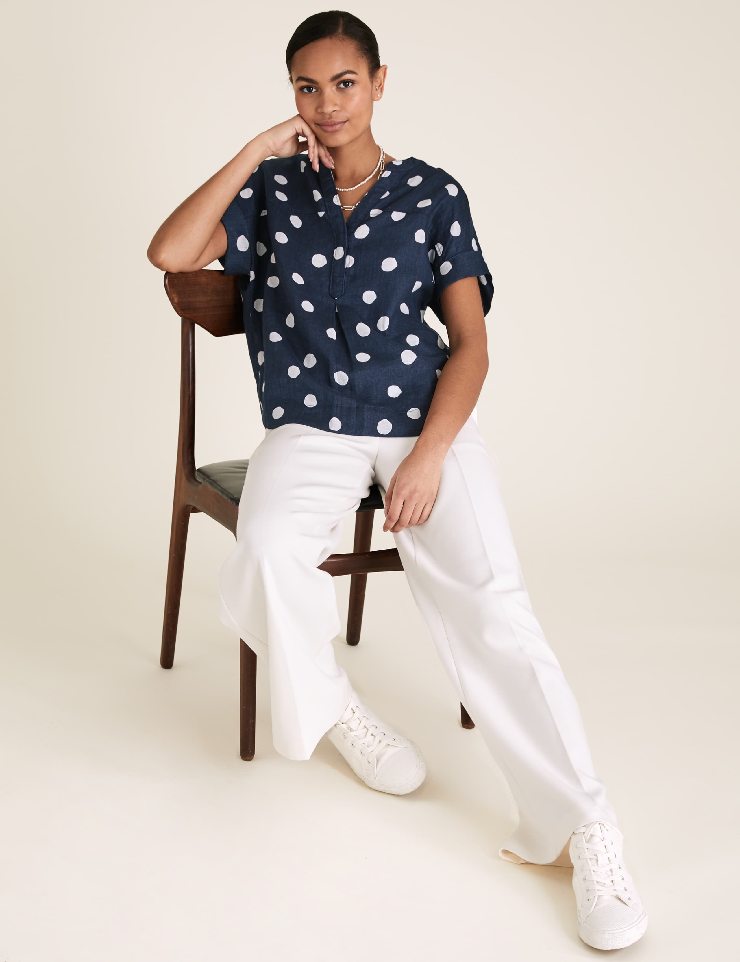 Pure Linen Polka Dot Short Sleeve Blouse 4 of 5