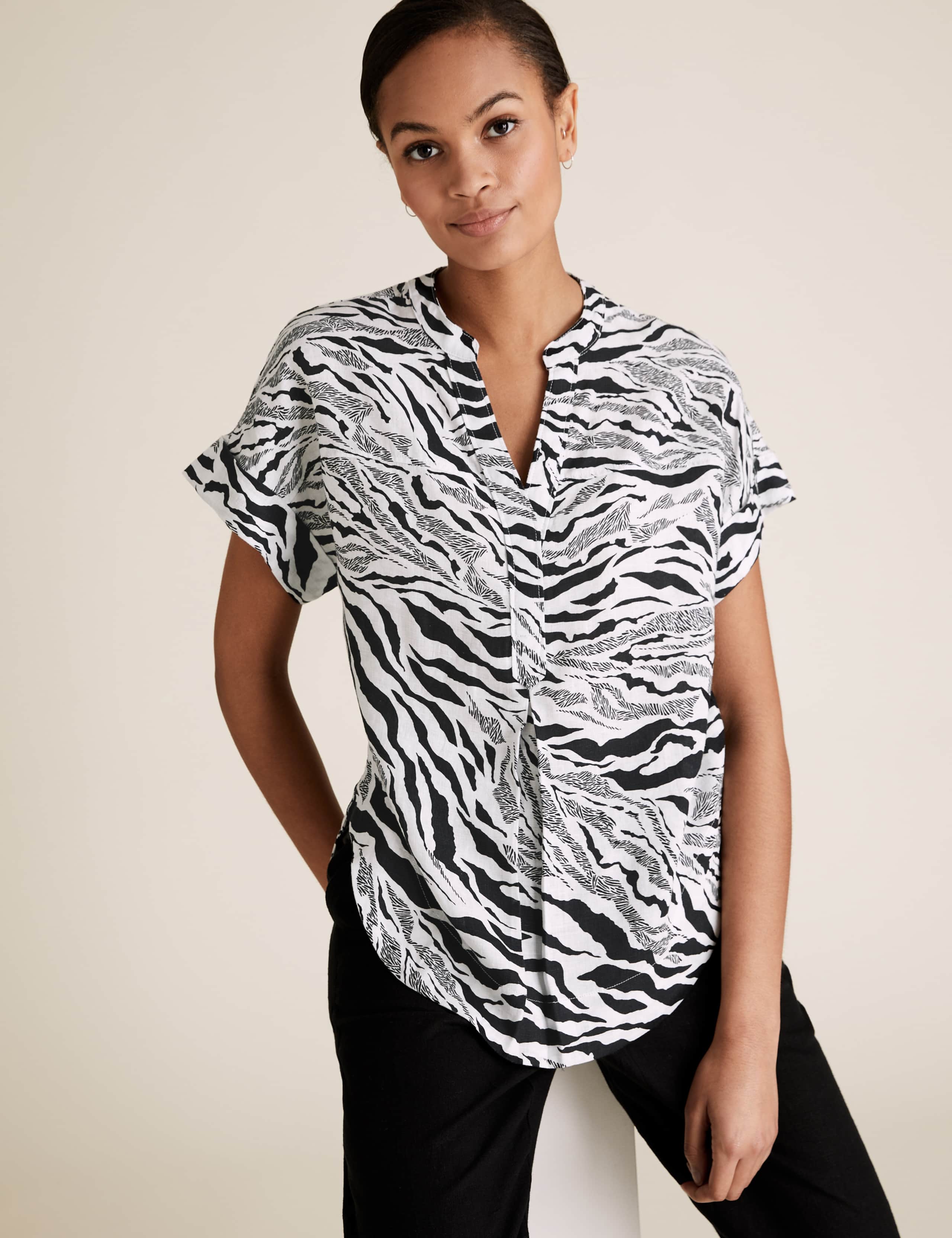 Pure Linen Zebra Print Short Sleeve Blouse 1 of 5
