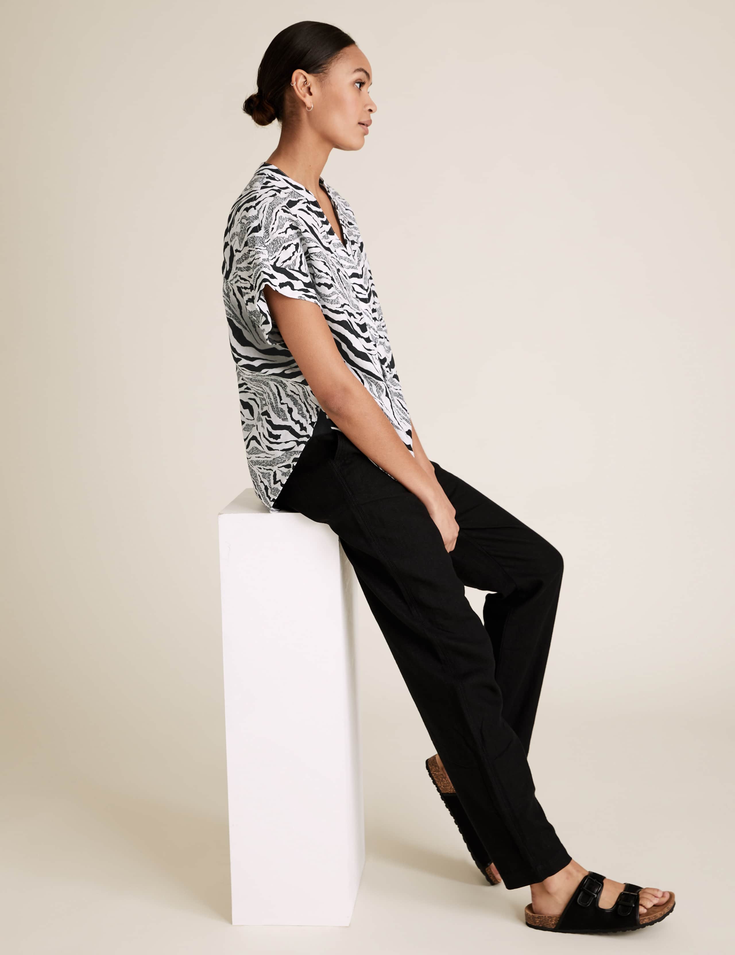 Pure Linen Zebra Print Short Sleeve Blouse 3 of 5