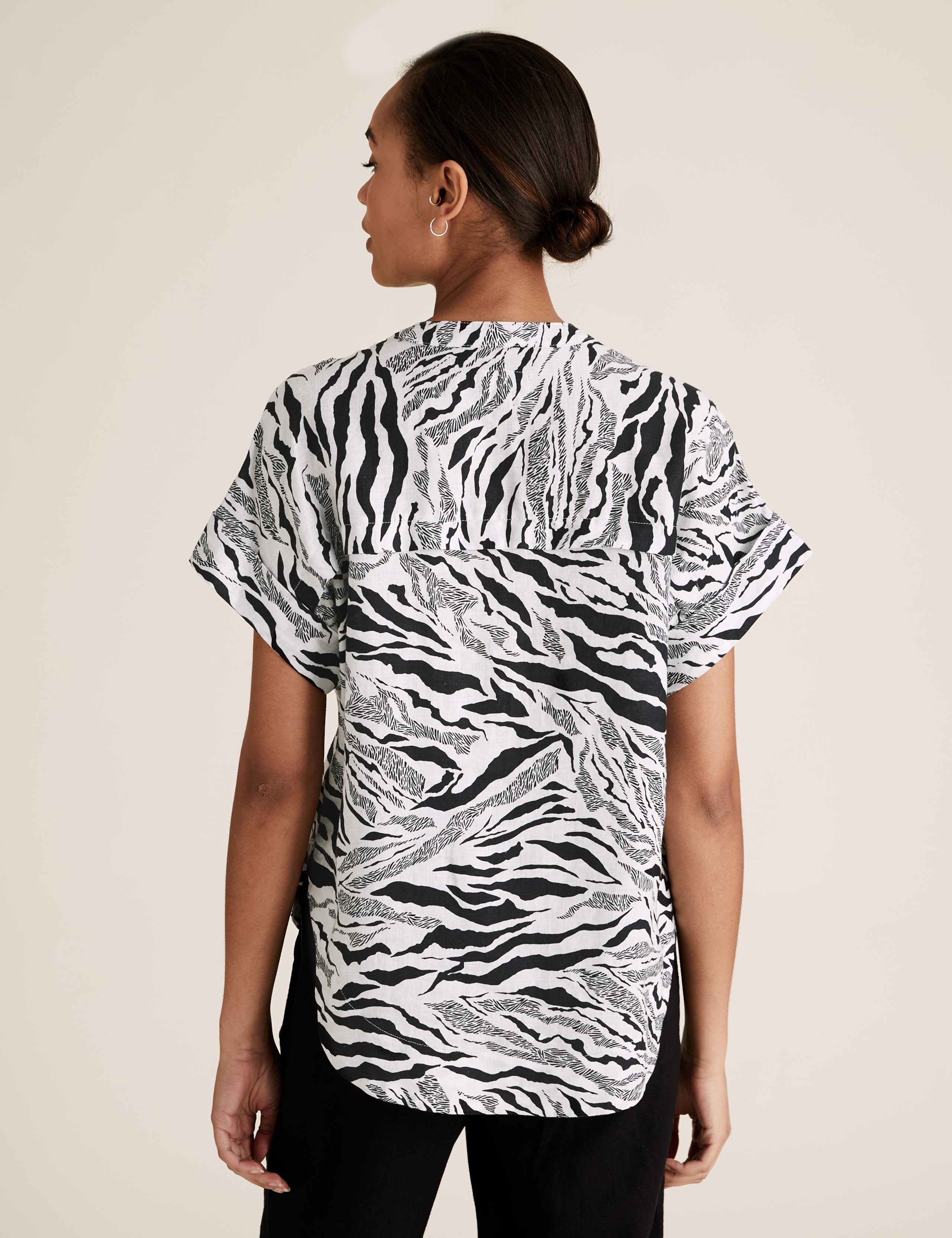 Pure Linen Zebra Print Short Sleeve Blouse 4 of 5
