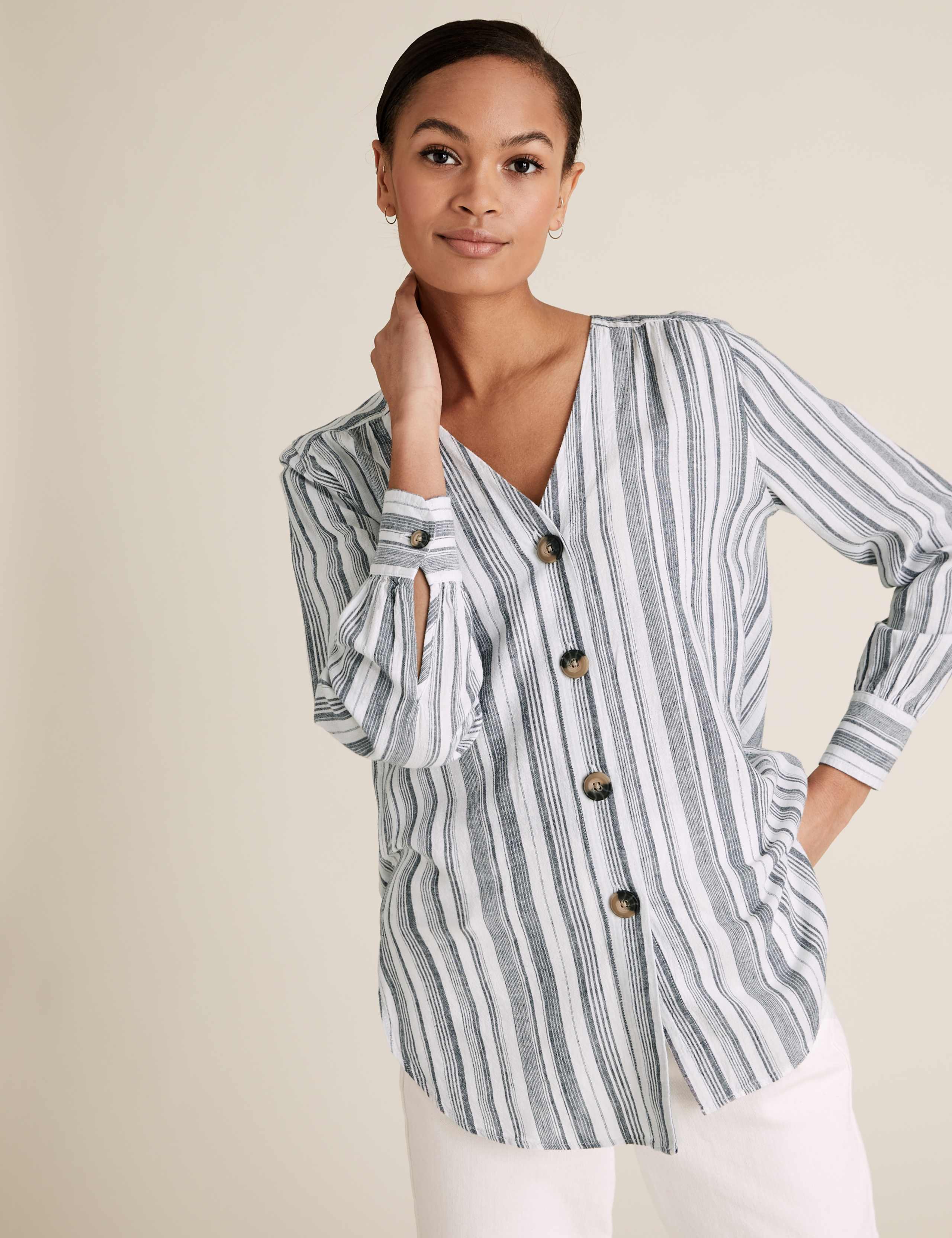 Linen Striped V-Neck Button Detail Tunic 1 of 5