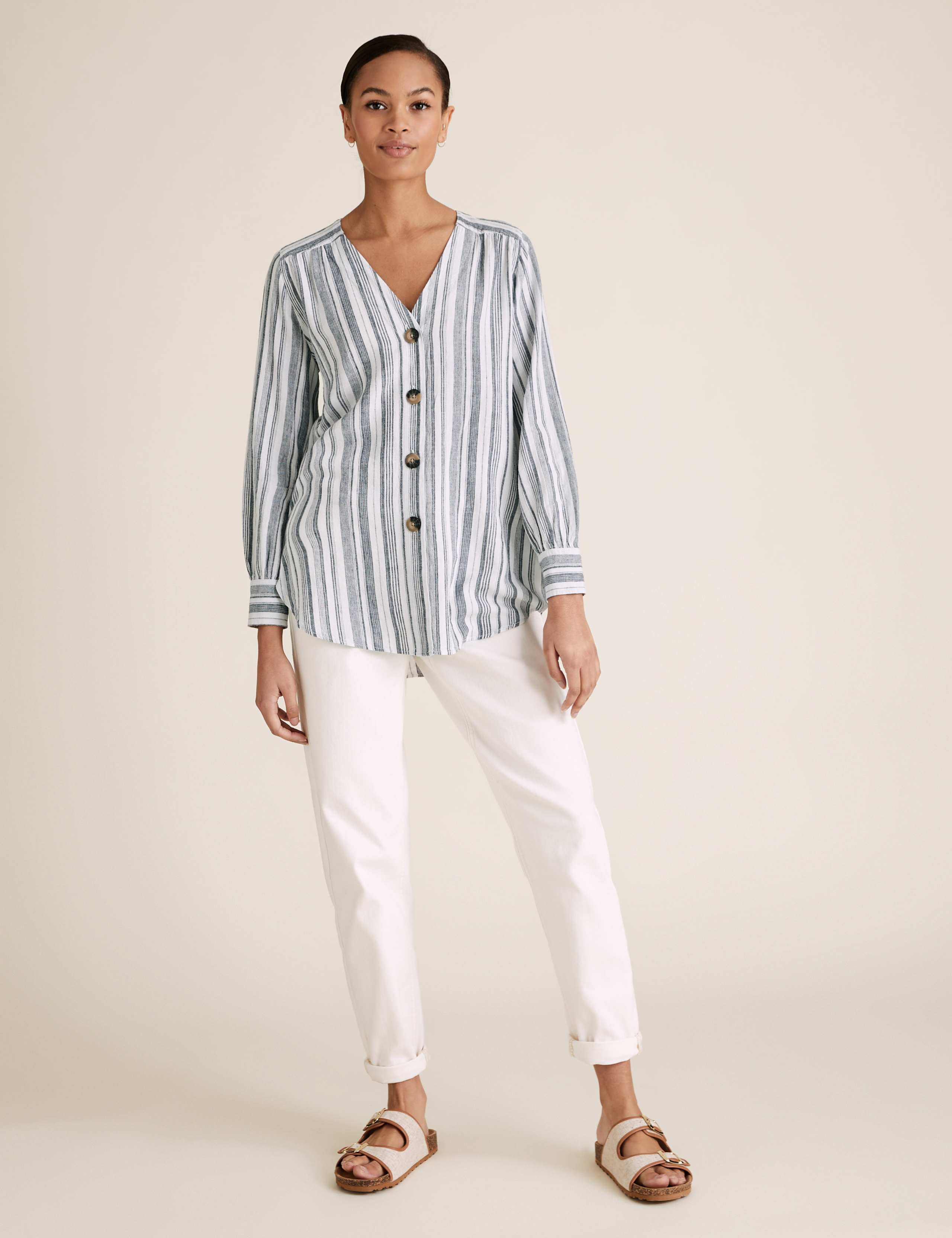 Linen Striped V-Neck Button Detail Tunic 3 of 5