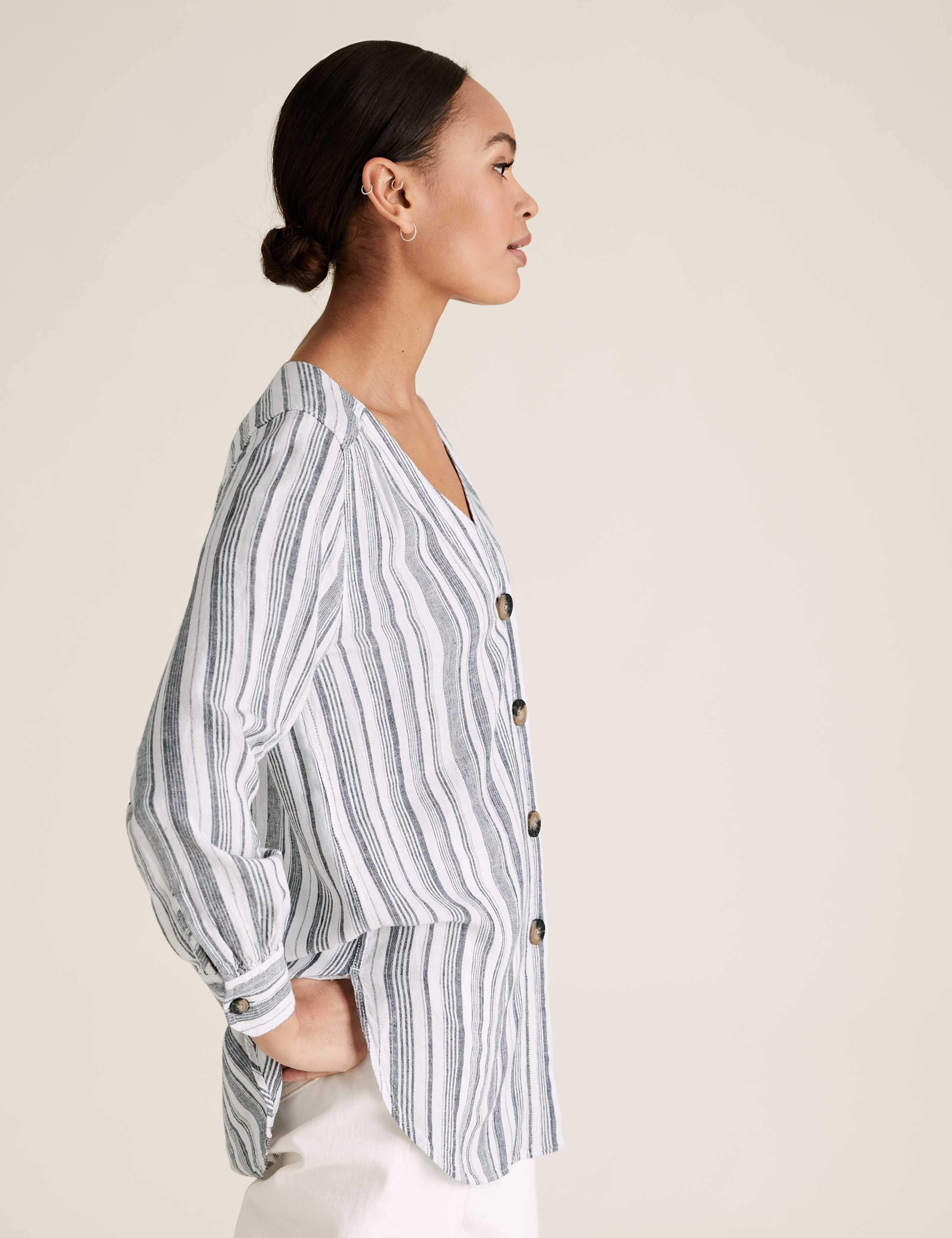 Linen Striped V-Neck Button Detail Tunic 4 of 5