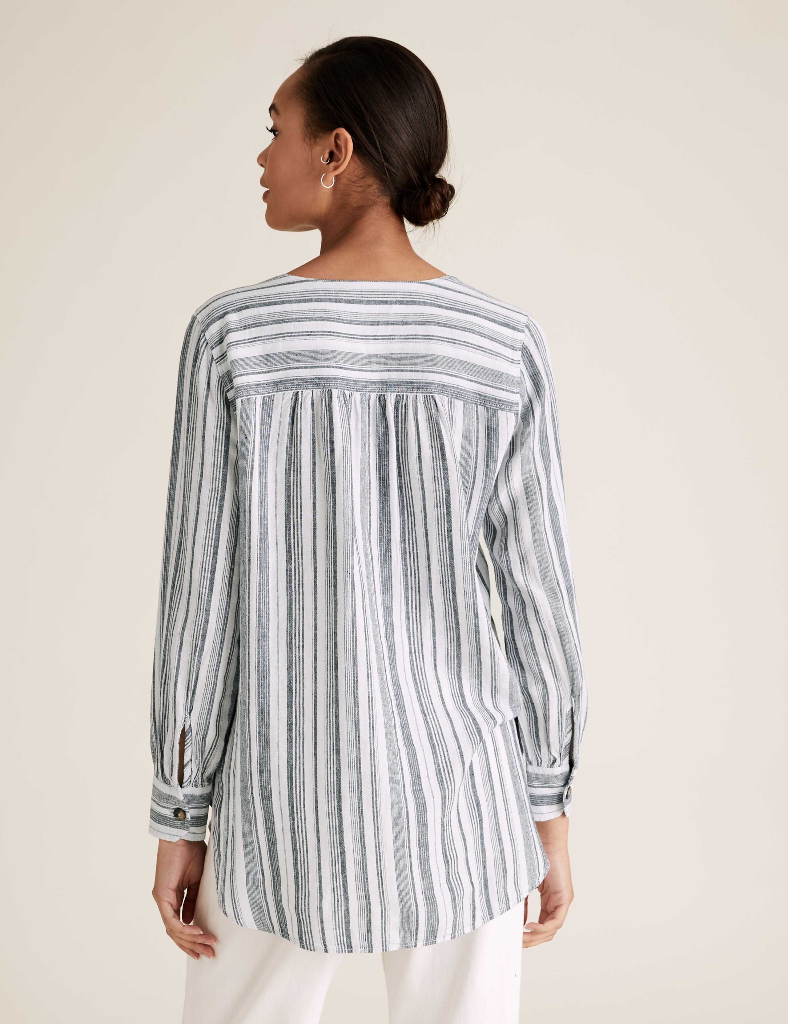 Linen Striped V-Neck Button Detail Tunic 5 of 5