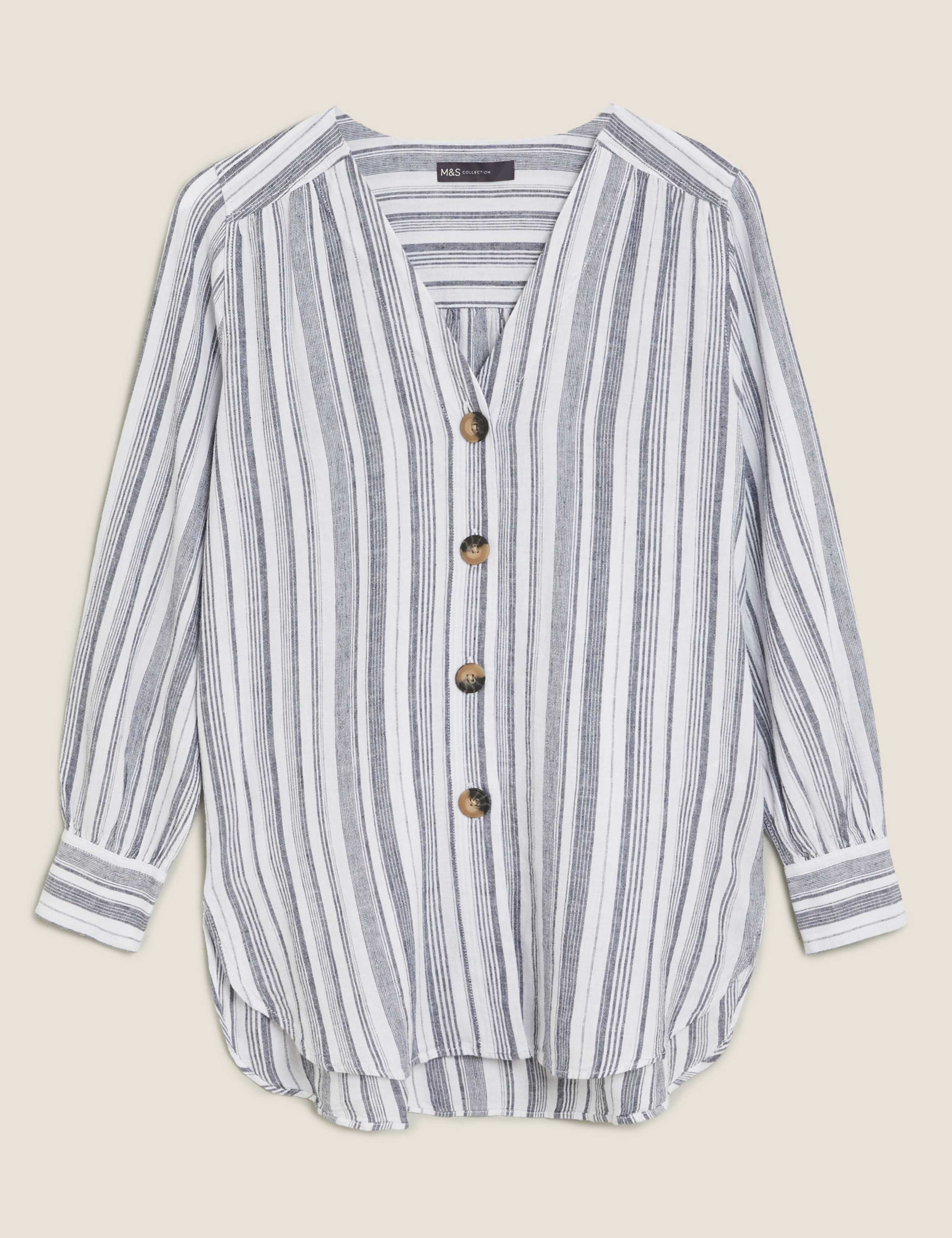 Linen Striped V-Neck Button Detail Tunic 2 of 5