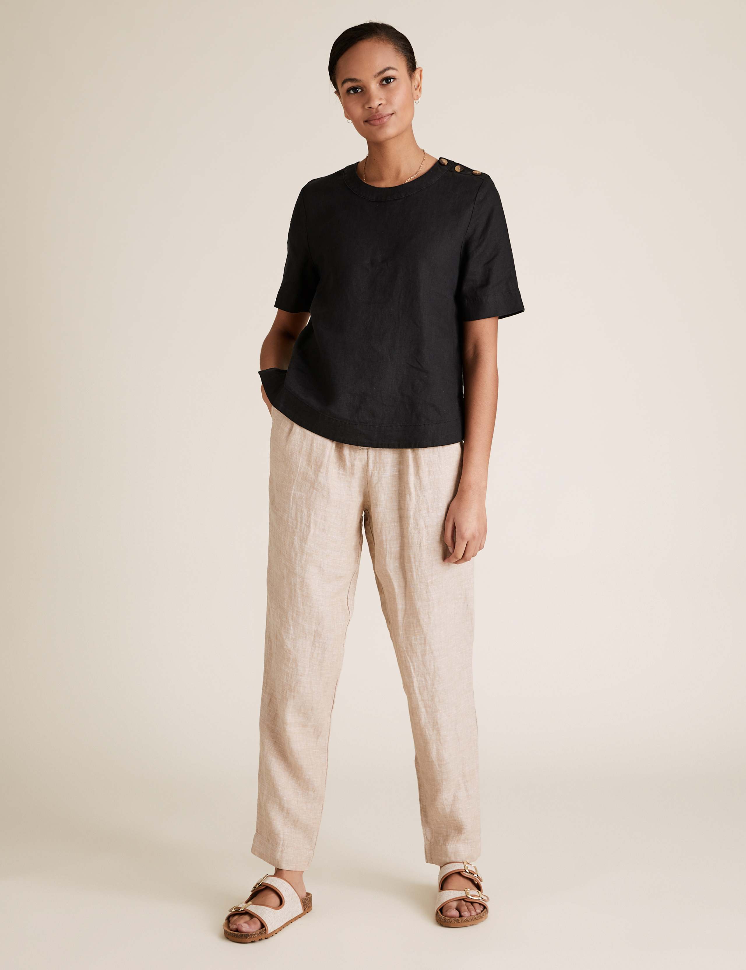 Pure Linen Button Detail Short Sleeve Top 1 of 4