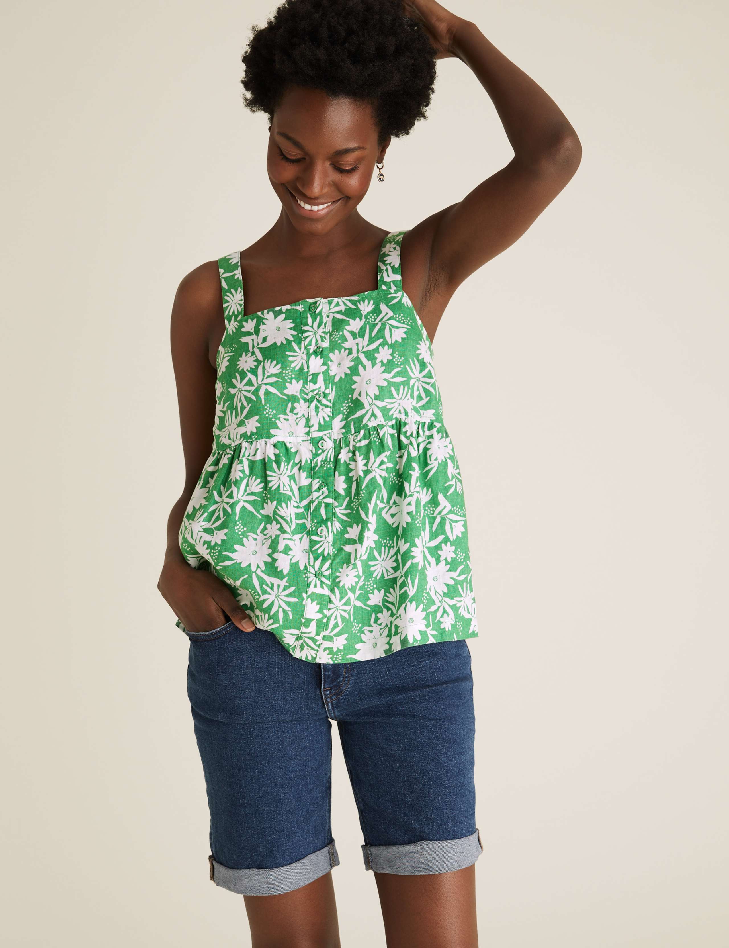 Pure Linen Floral Button Detail Cami Top 3 of 5