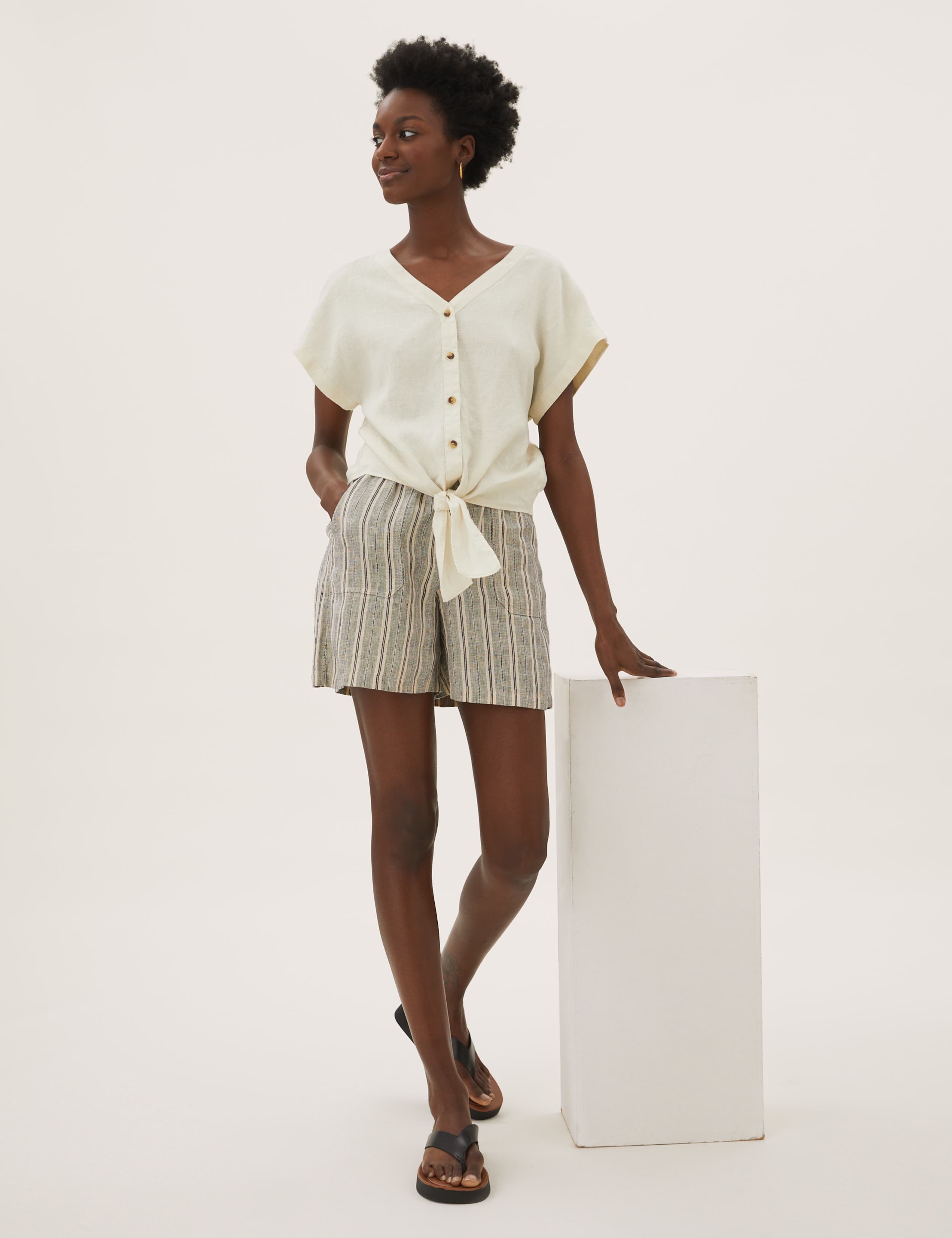 Pure Linen Tie Front Short Sleeve Top 1 of 5