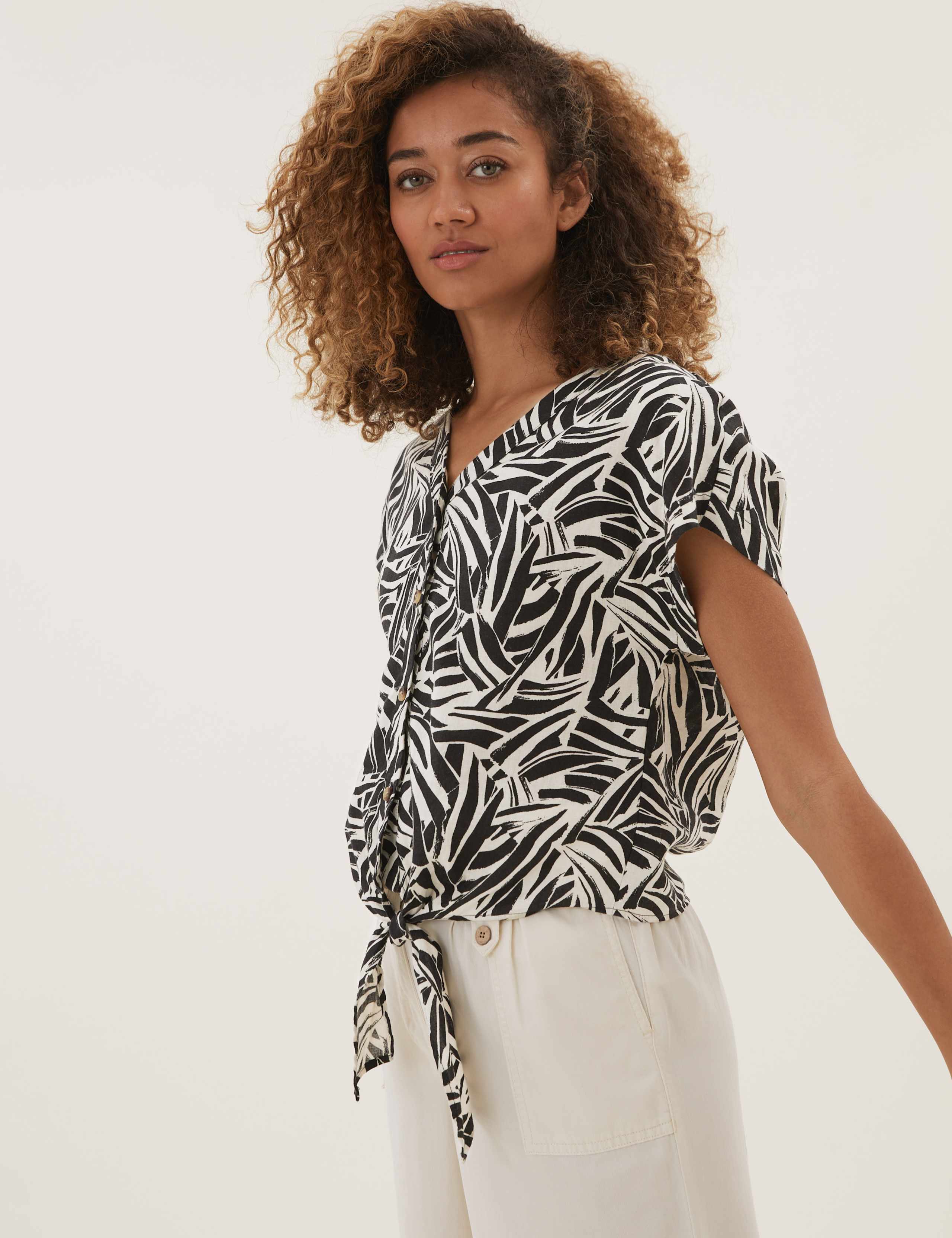 Pure Linen Animal Print Tie Front Top 1 of 4