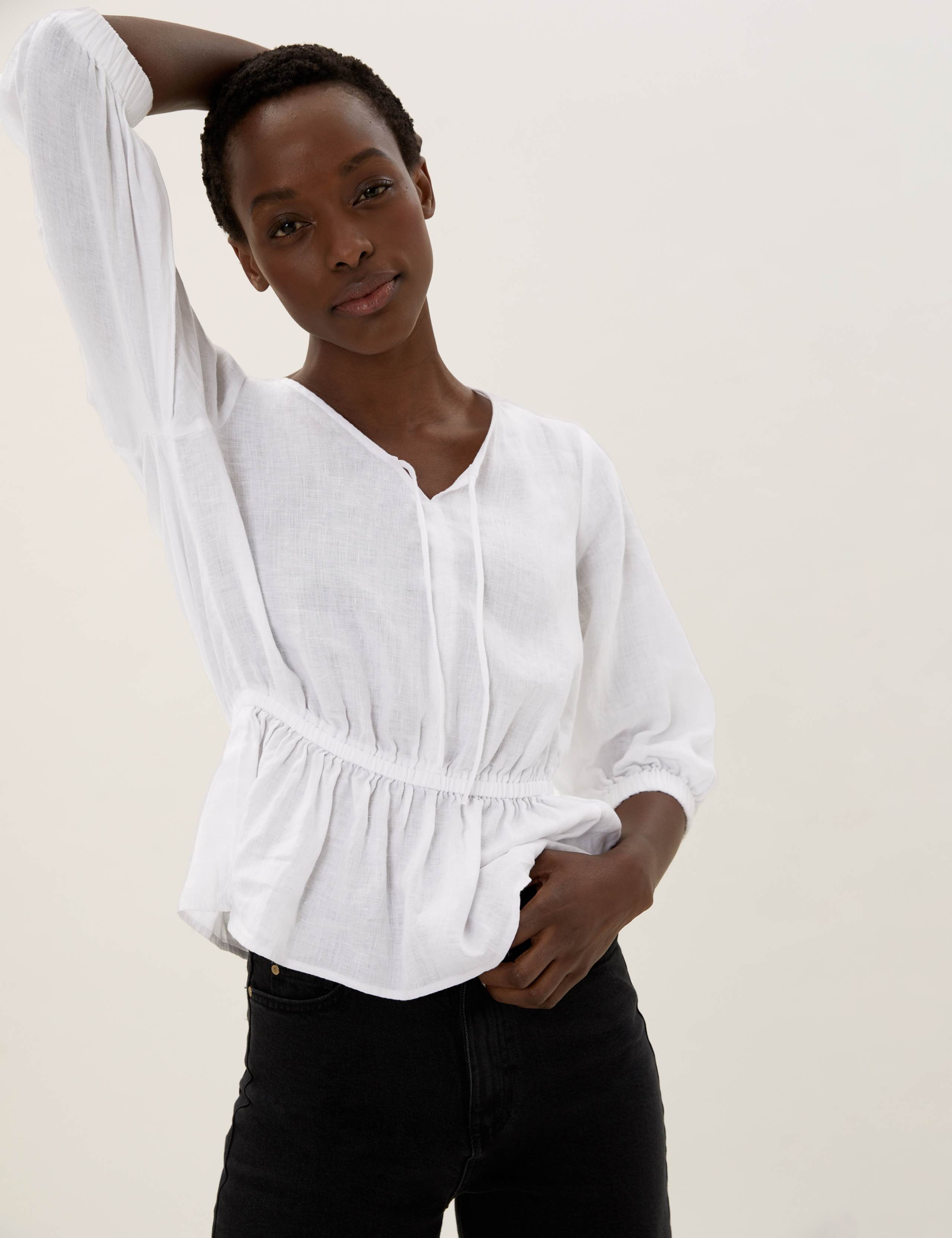 Pure Linen V-Neck 3/4 Sleeve Peplum Top 3 of 6