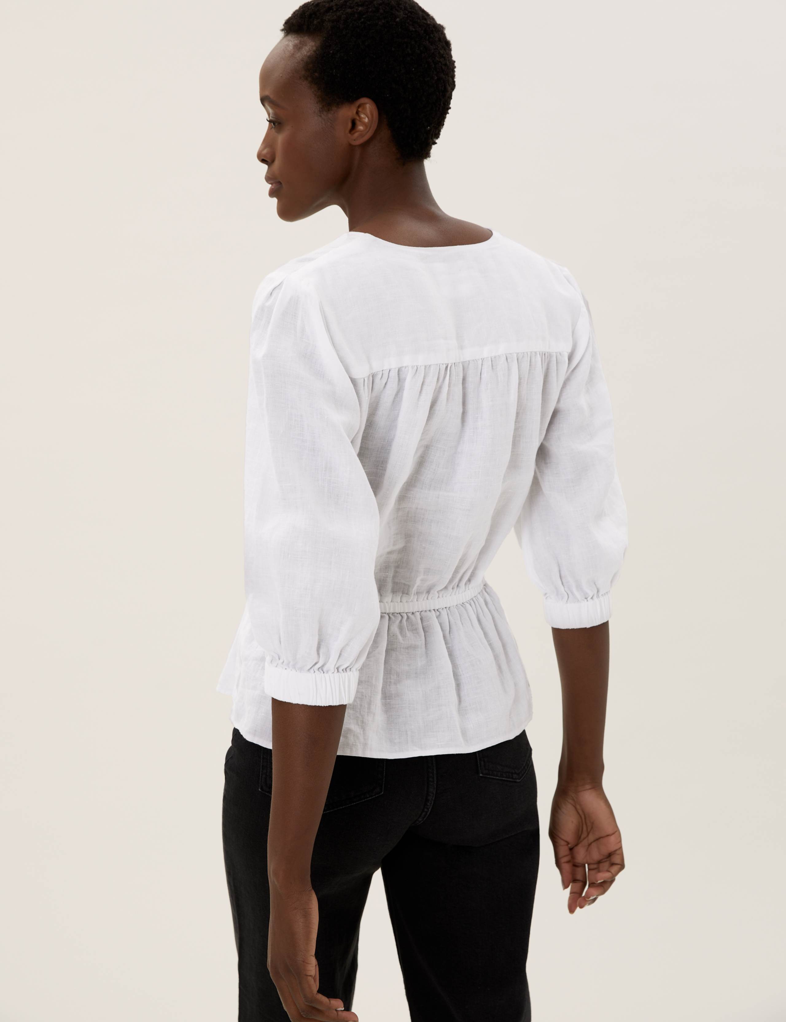 Pure Linen V-Neck 3/4 Sleeve Peplum Top 4 of 6