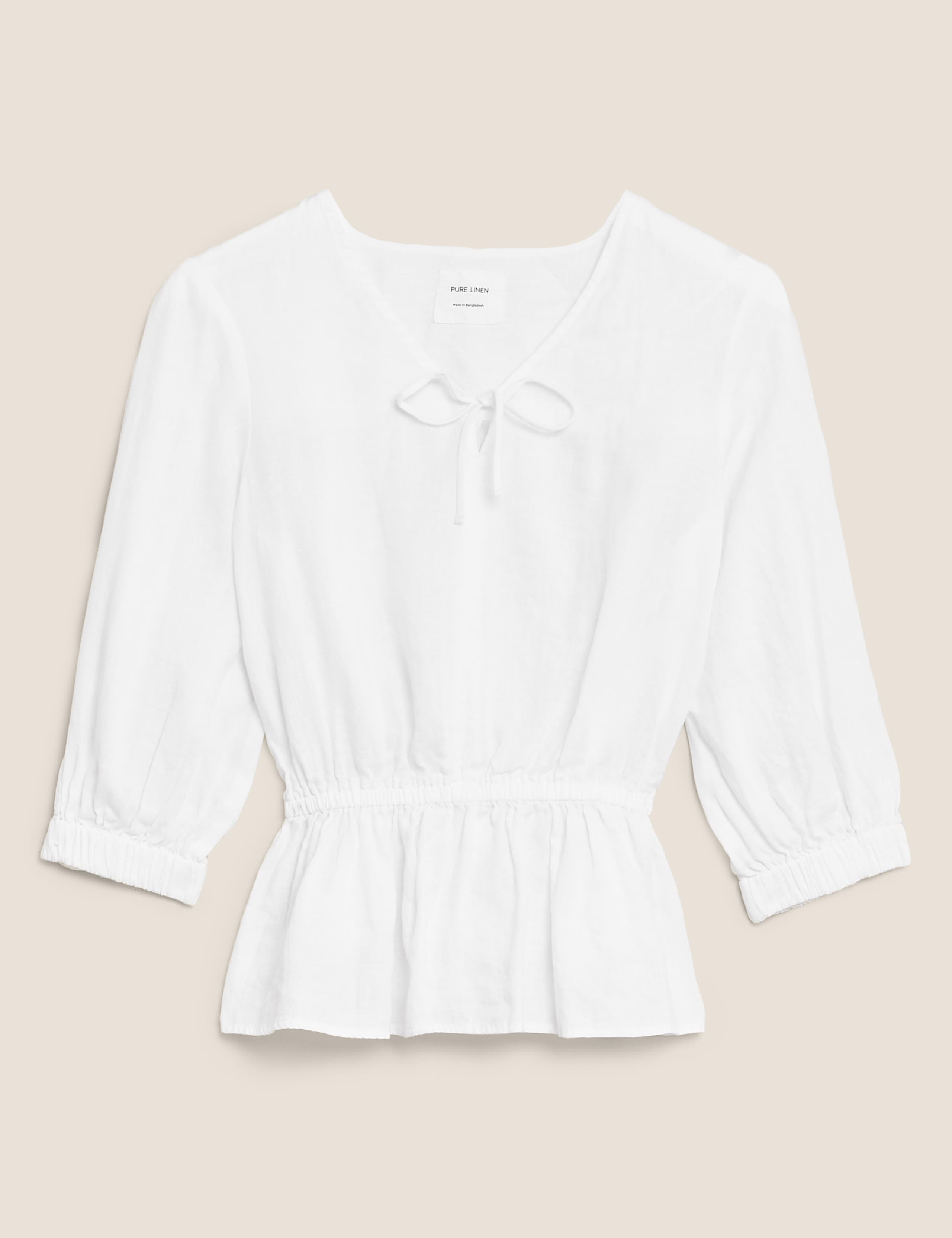 Pure Linen V-Neck 3/4 Sleeve Peplum Top 2 of 6