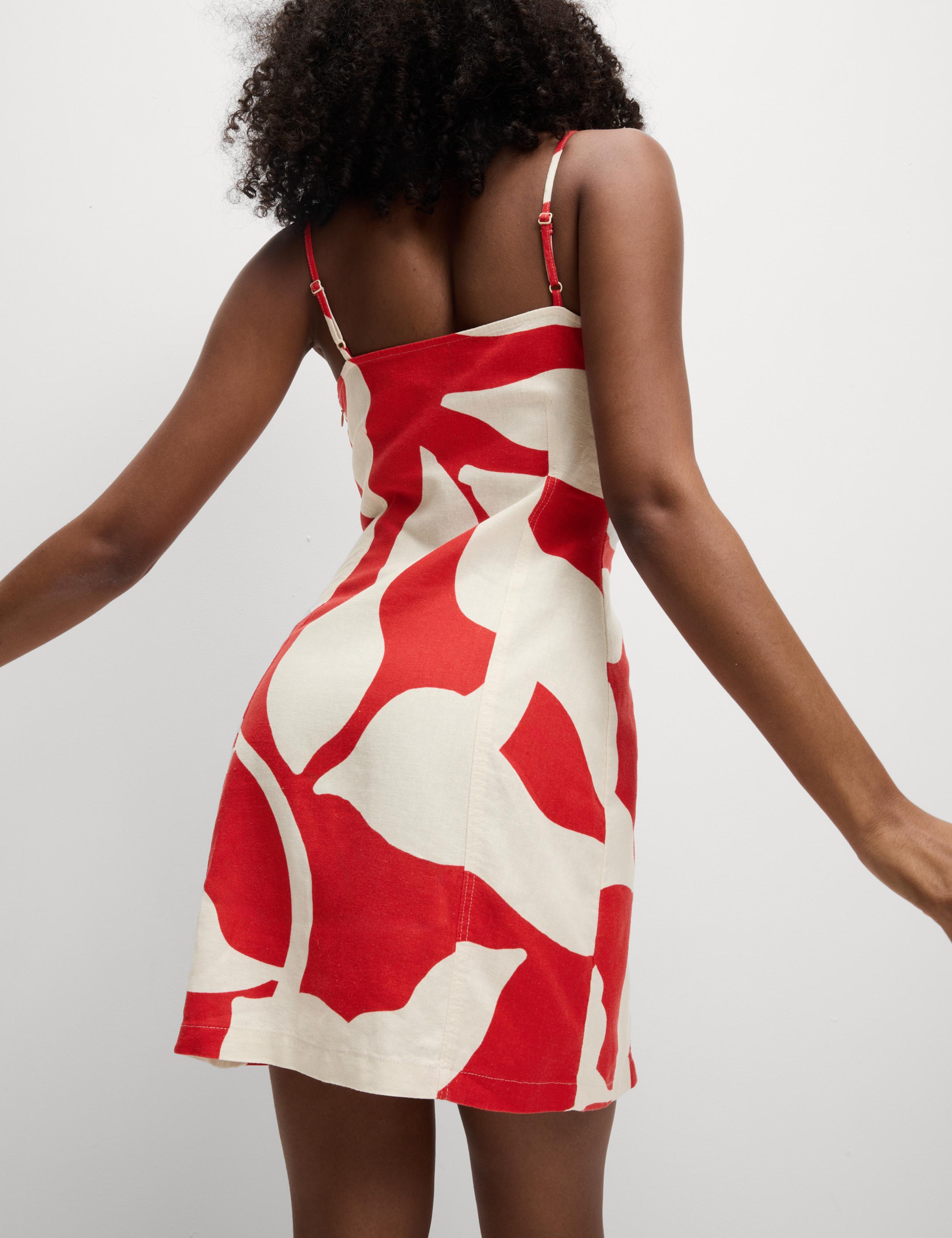 Linen Rich Printed Square Neck Strappy Mini Shift Dress 1 of 7