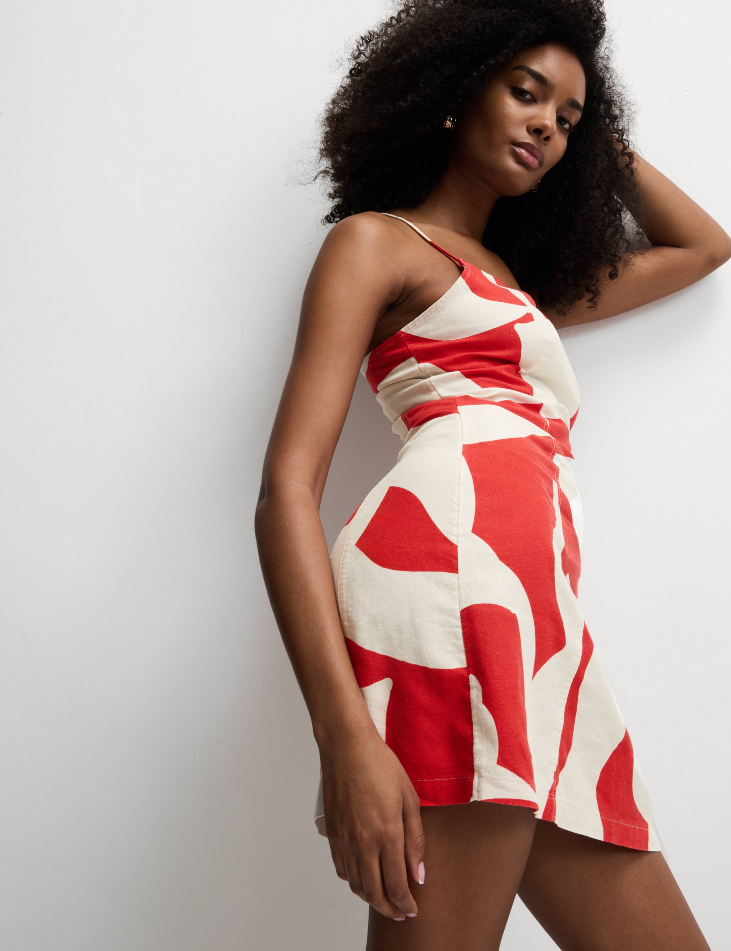 Linen Rich Printed Square Neck Strappy Mini Shift Dress 4 of 7