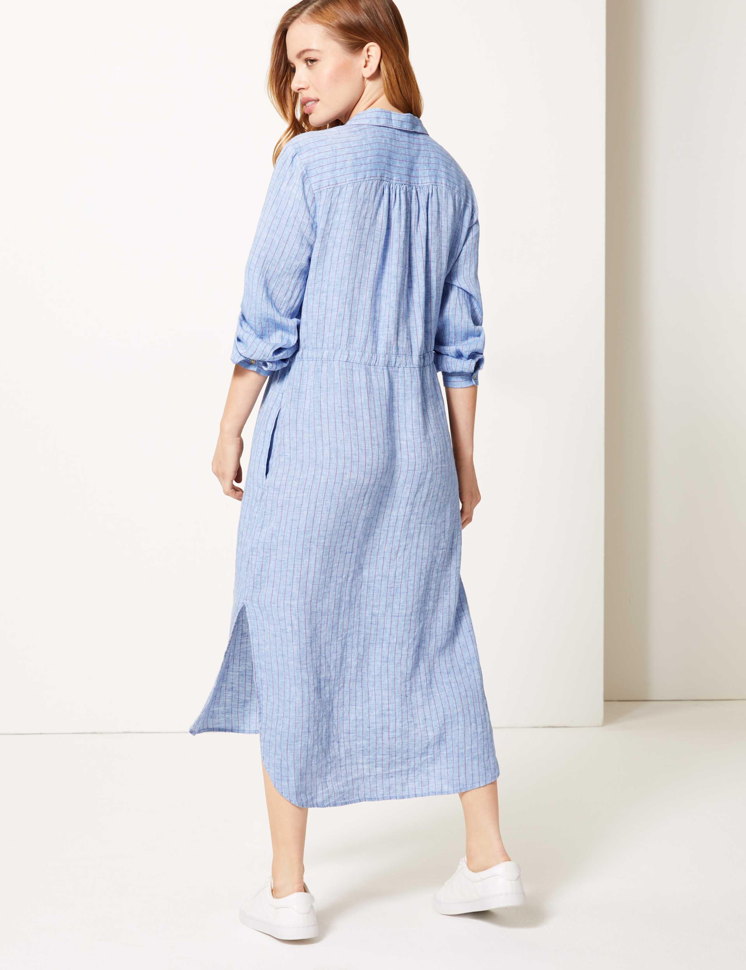 PETITE Pure Linen Striped Shirt Midi Dress 4 of 4