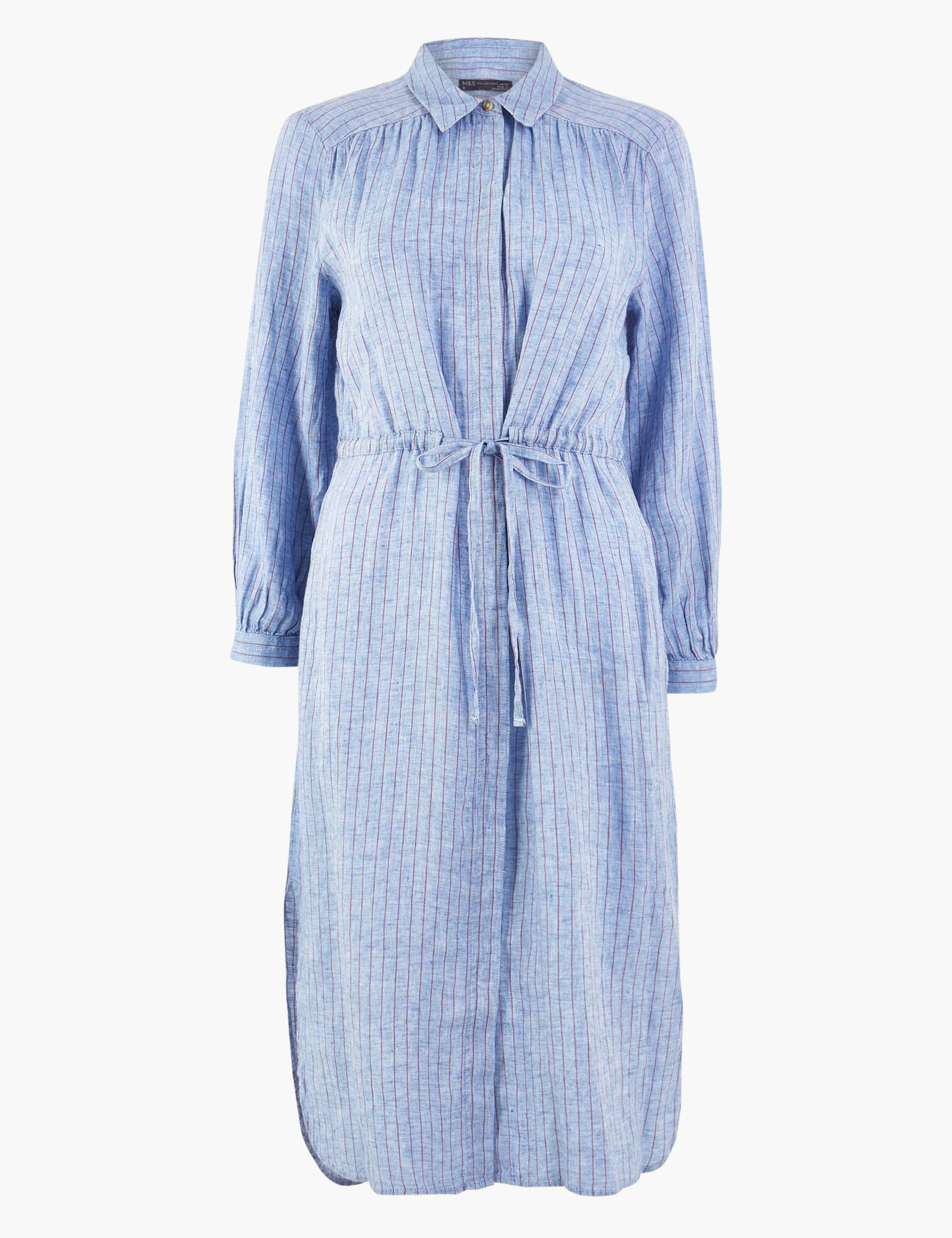 PETITE Pure Linen Striped Shirt Midi Dress 2 of 4