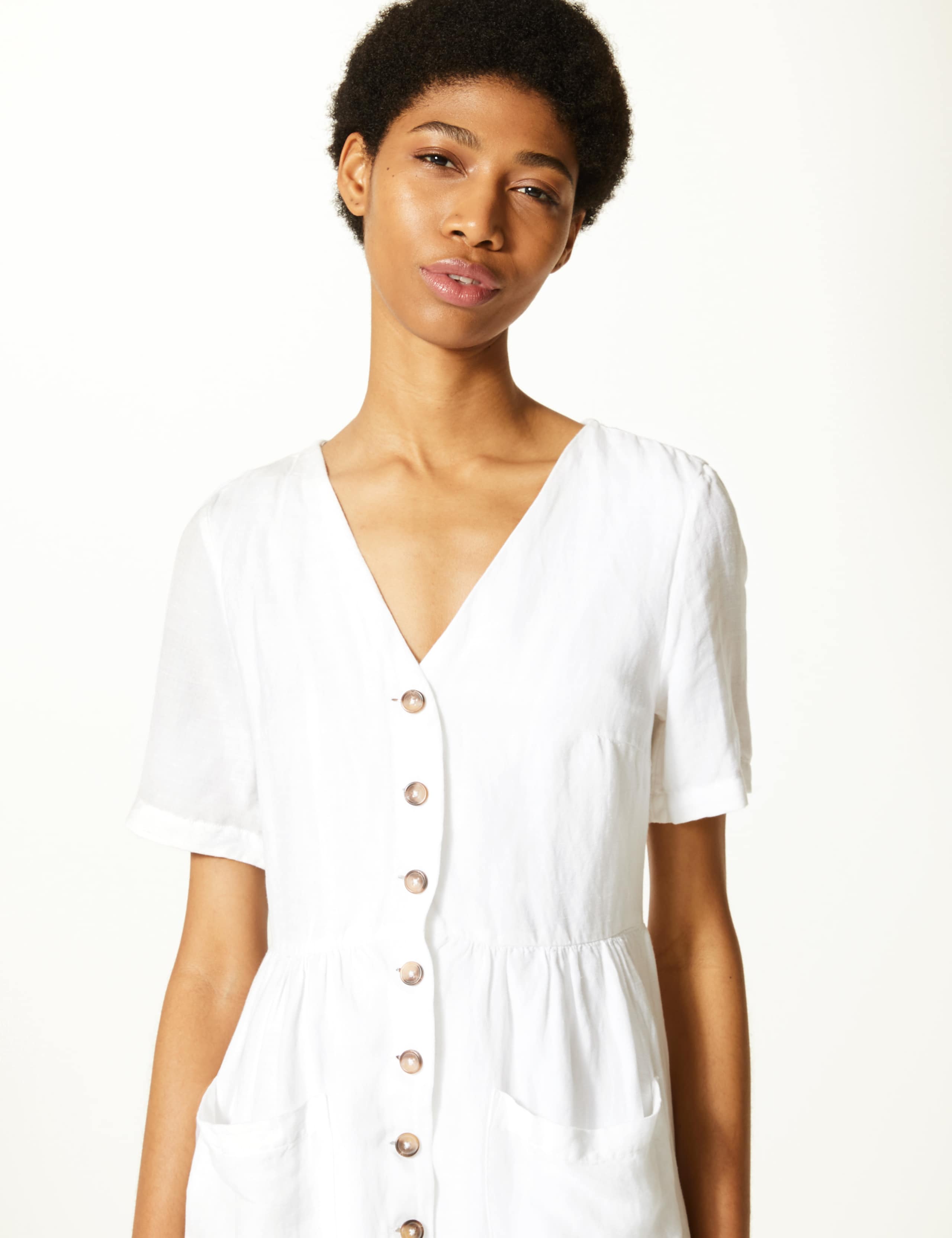 Linen Blend Button Front Waisted Midi Dress 2 of 3