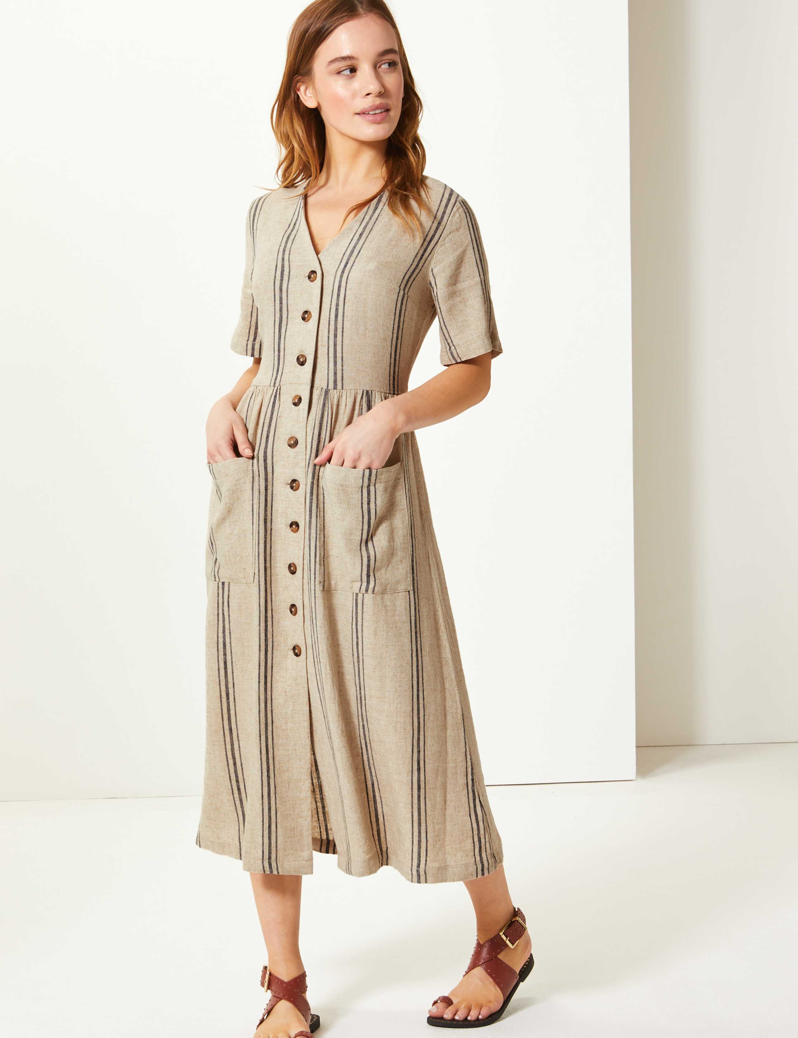 PETITE Linen Rich Striped Waisted Midi Dress 1 of 4
