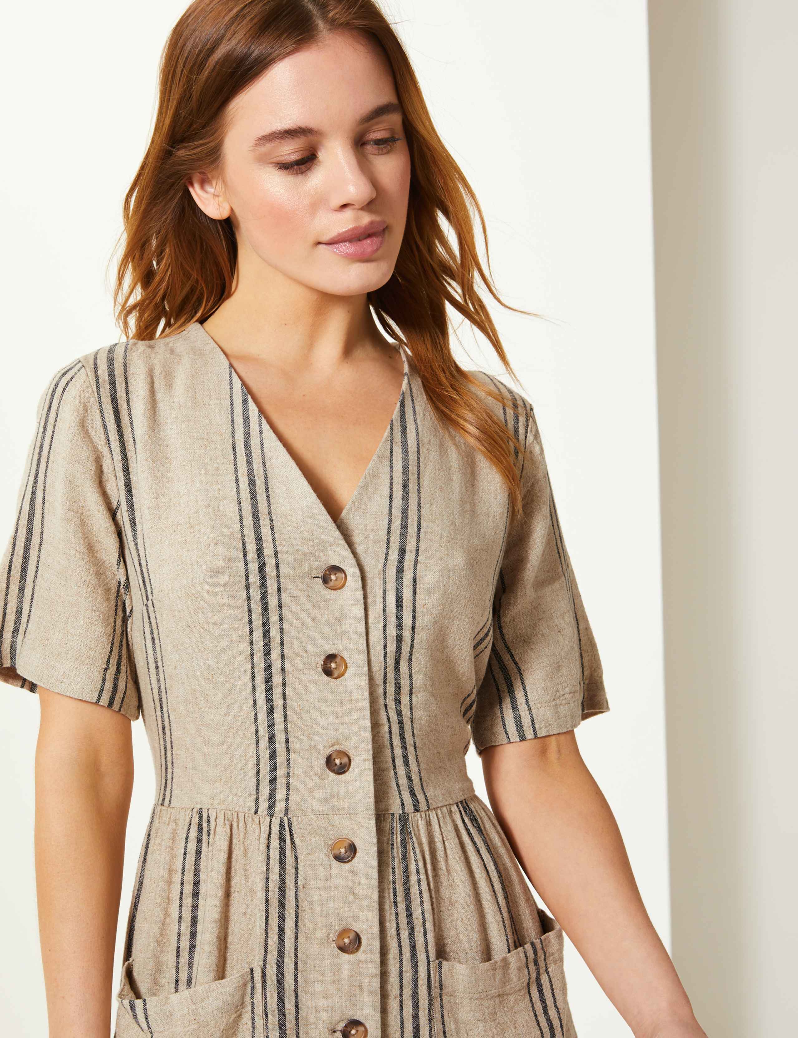 PETITE Linen Rich Striped Waisted Midi Dress 3 of 4