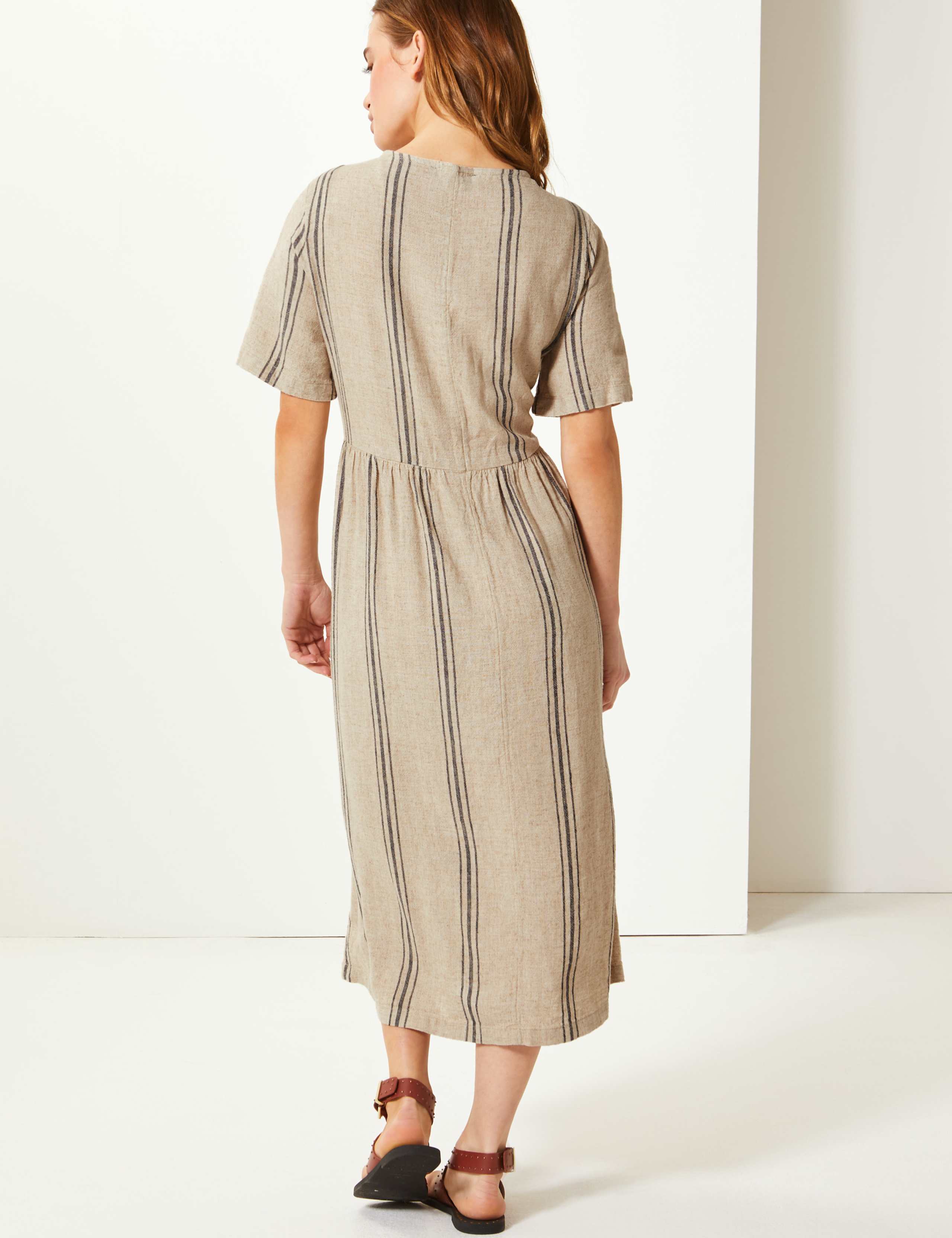 PETITE Linen Rich Striped Waisted Midi Dress 4 of 4