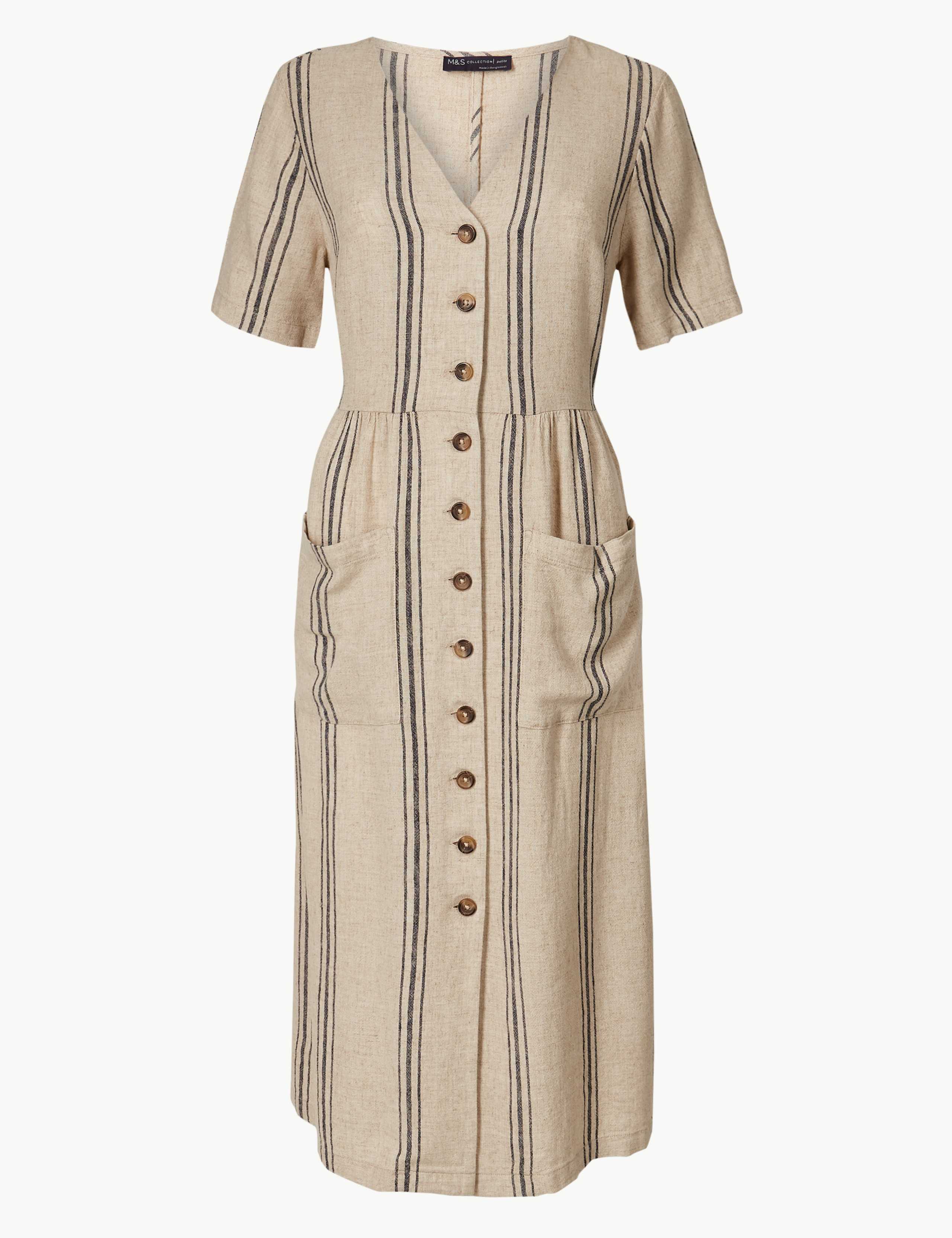 PETITE Linen Rich Striped Waisted Midi Dress 2 of 4