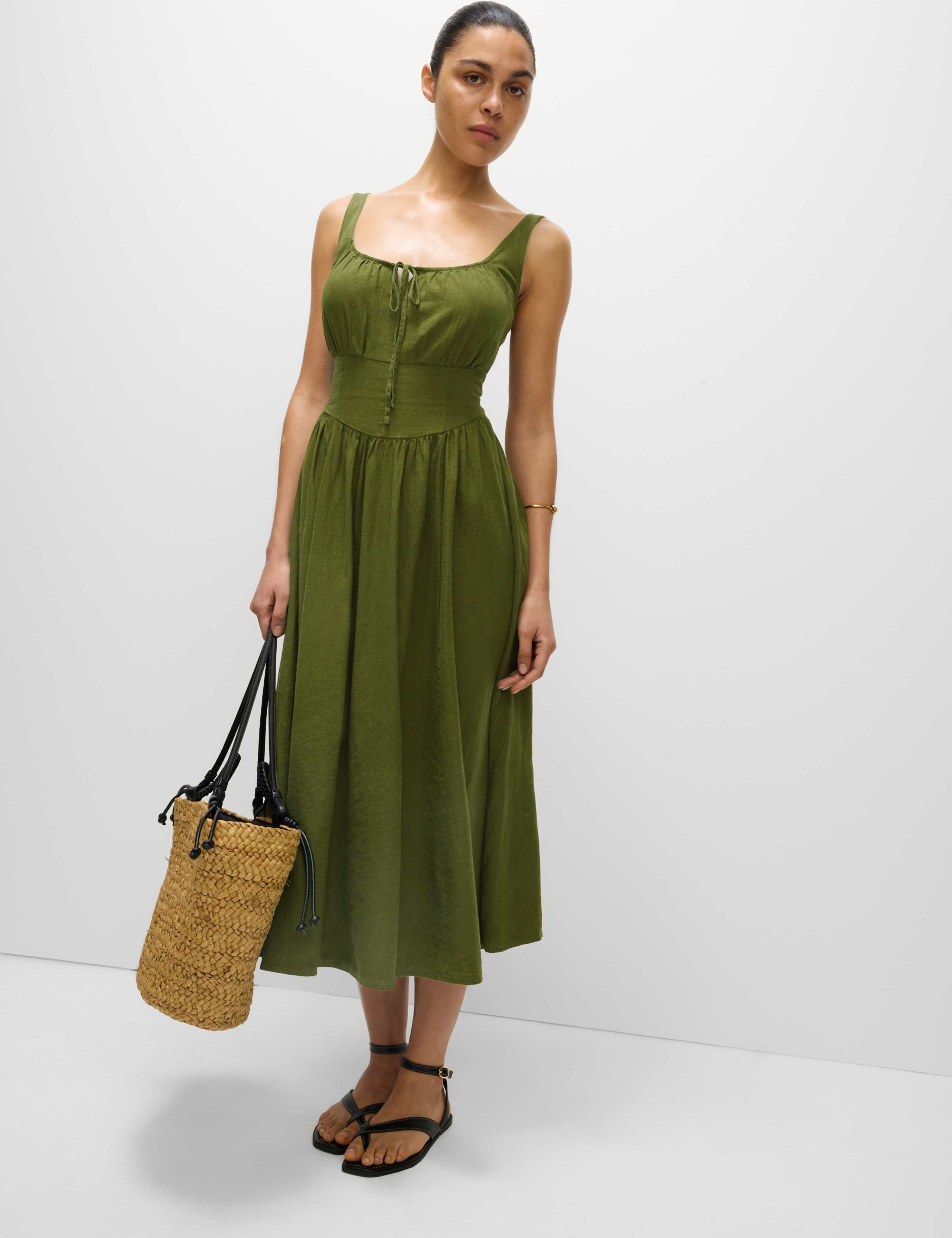 Linen Rich Round Neck Strappy Midi Swing Dress 3 of 5