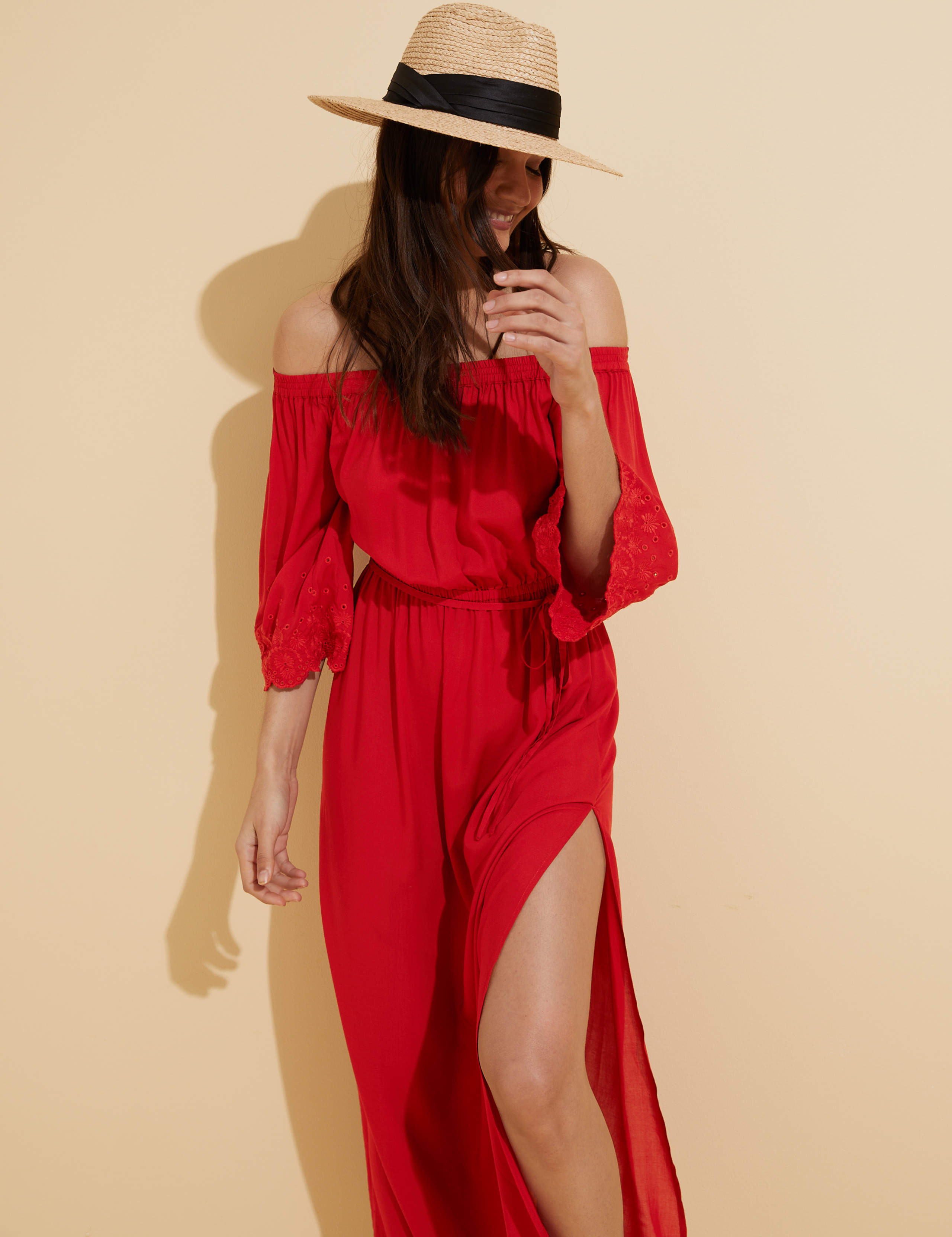 Embroidered Bardot Maxi Waisted Beach Dress 1 of 5