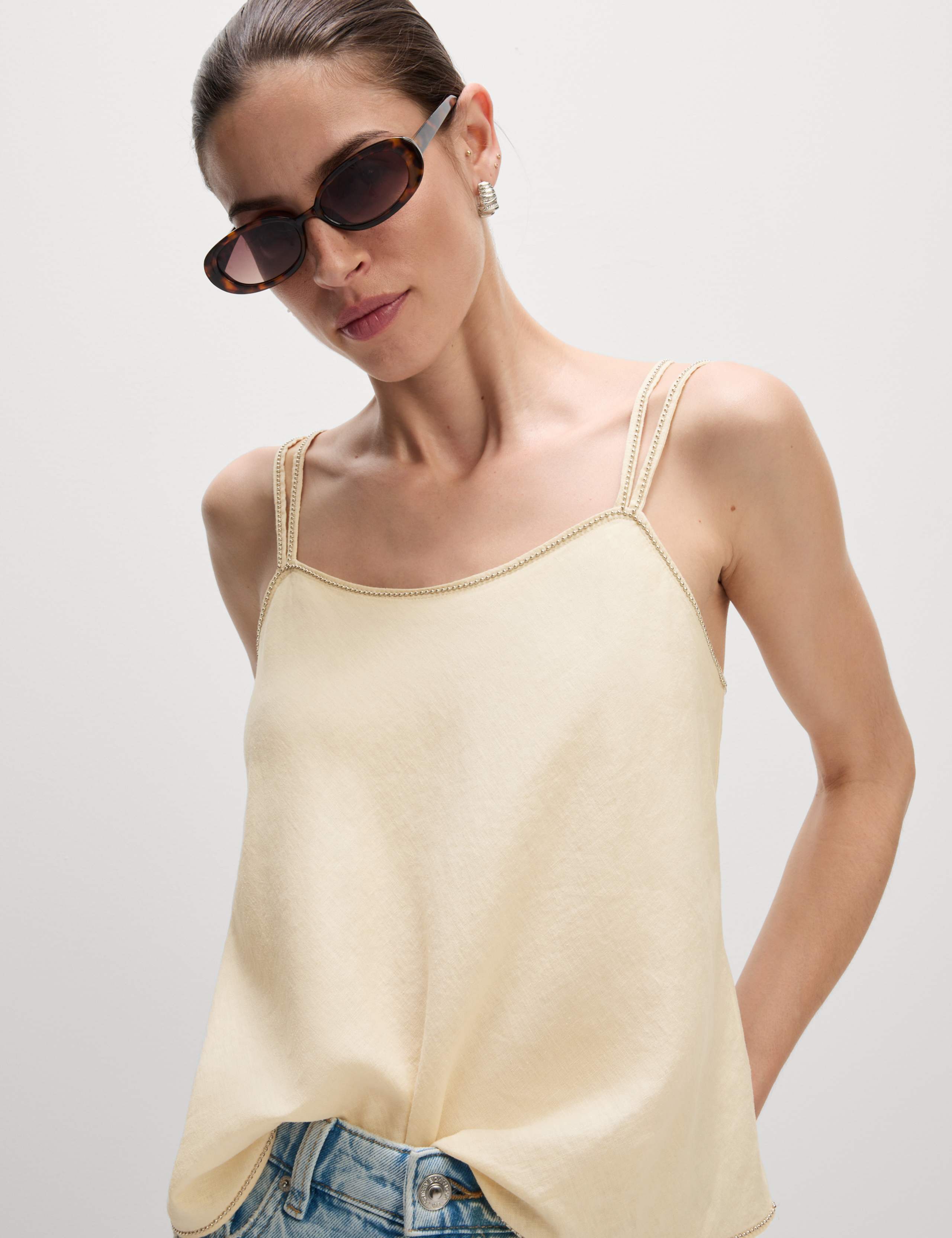Linen Rich Beaded Square Neck Cami Top 3 of 7