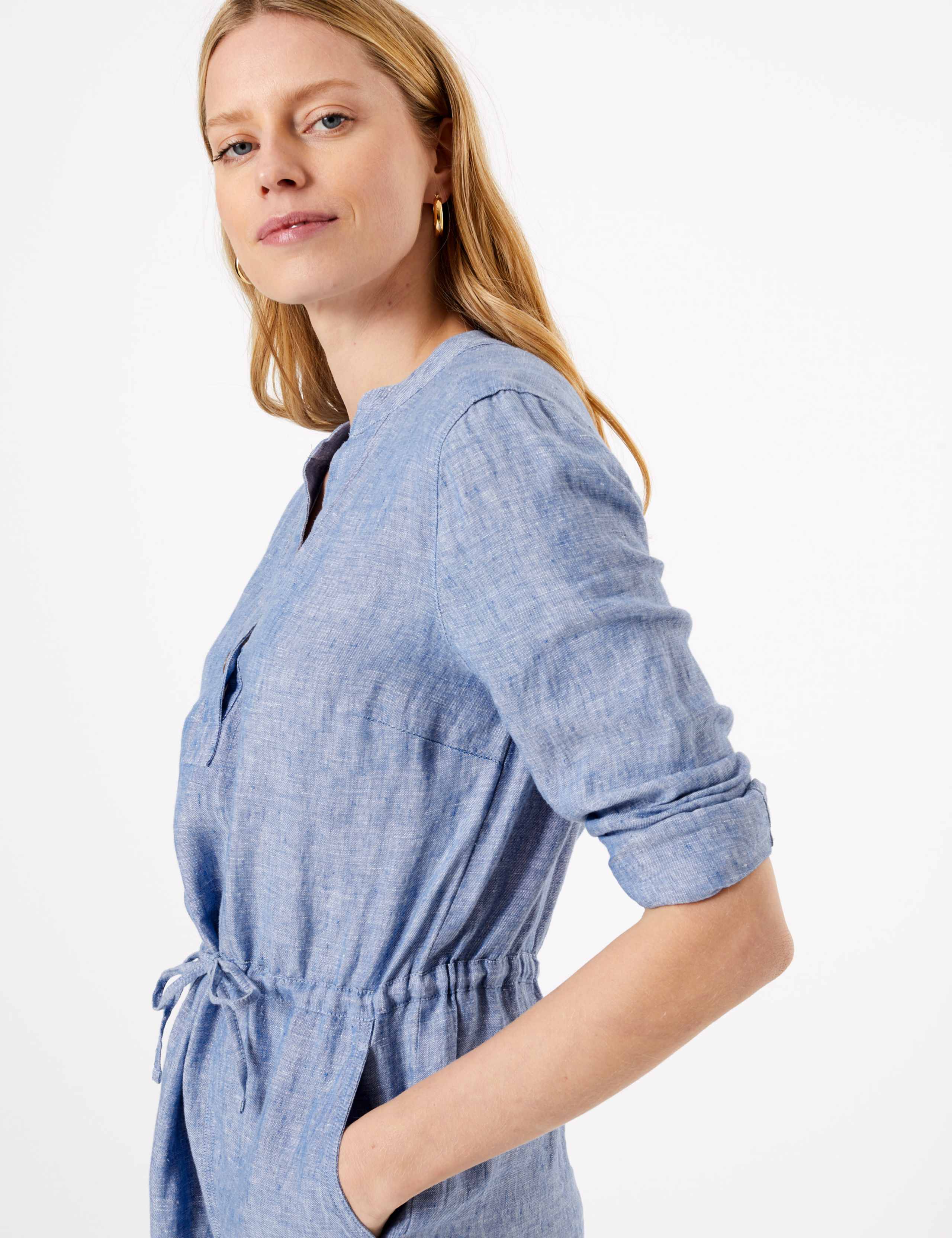 Pure Linen V-Neck Midi Waisted Dress 3 of 4