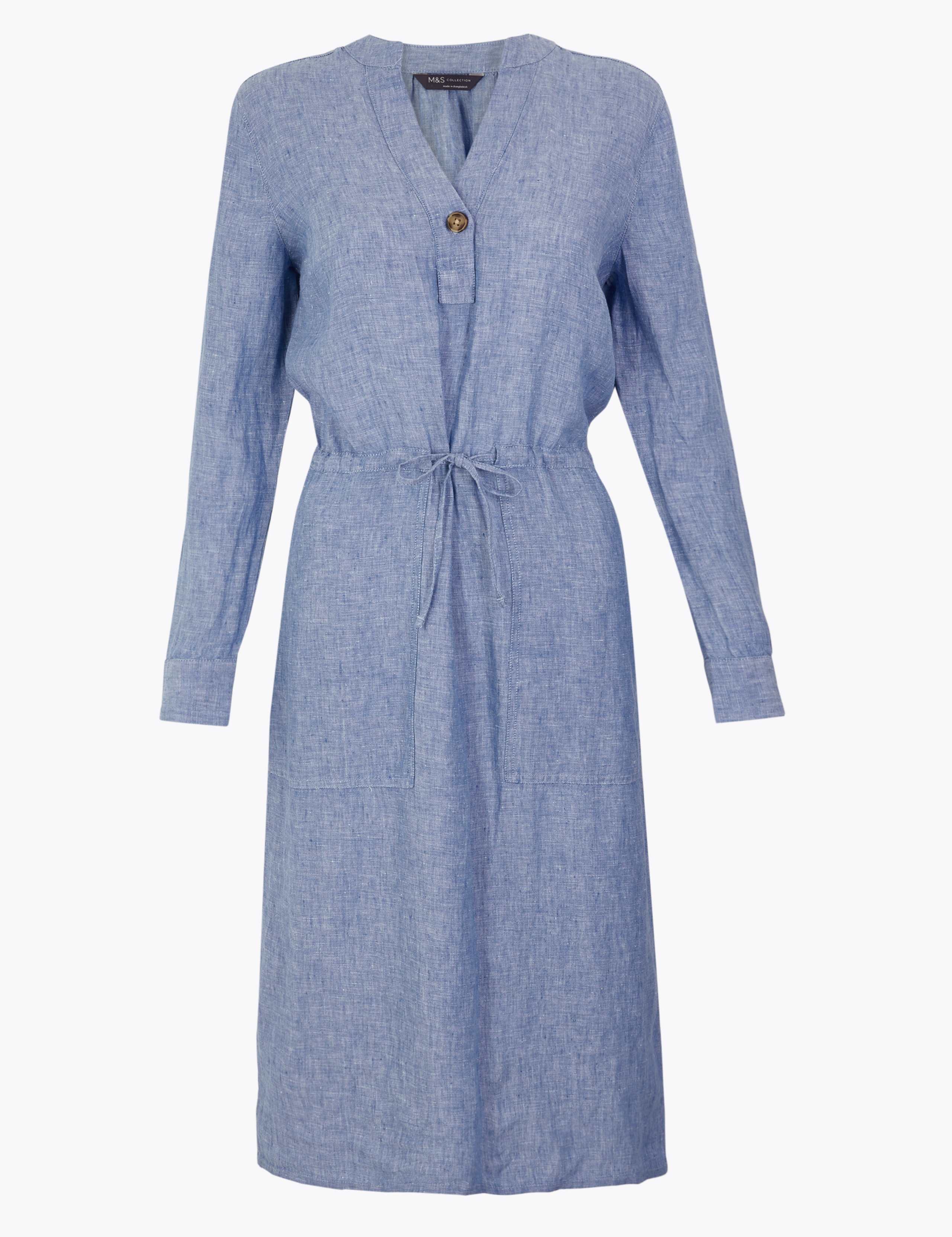 Pure Linen V-Neck Midi Waisted Dress 2 of 4