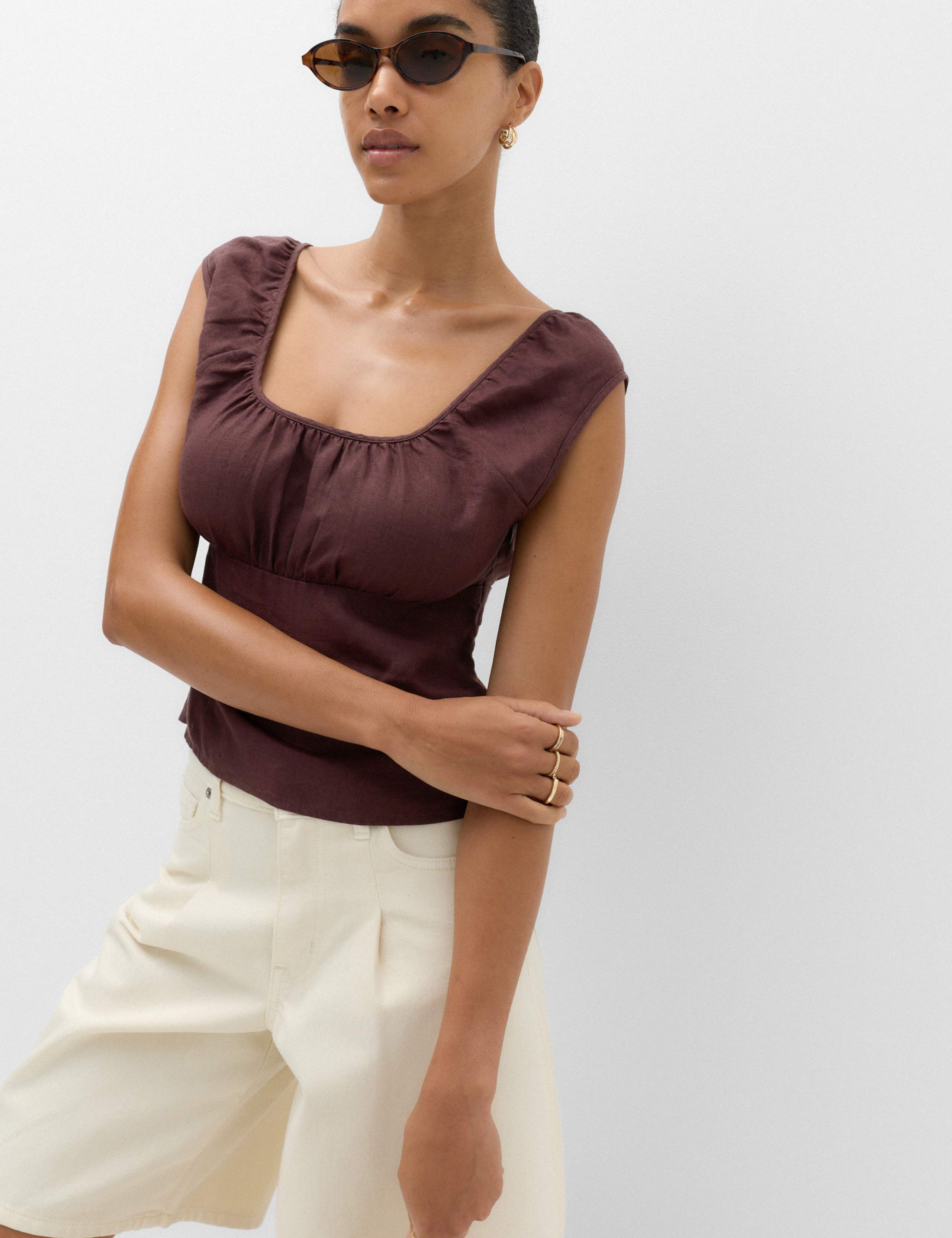 Pure Linen Square Neck Ruched Top 1 of 4