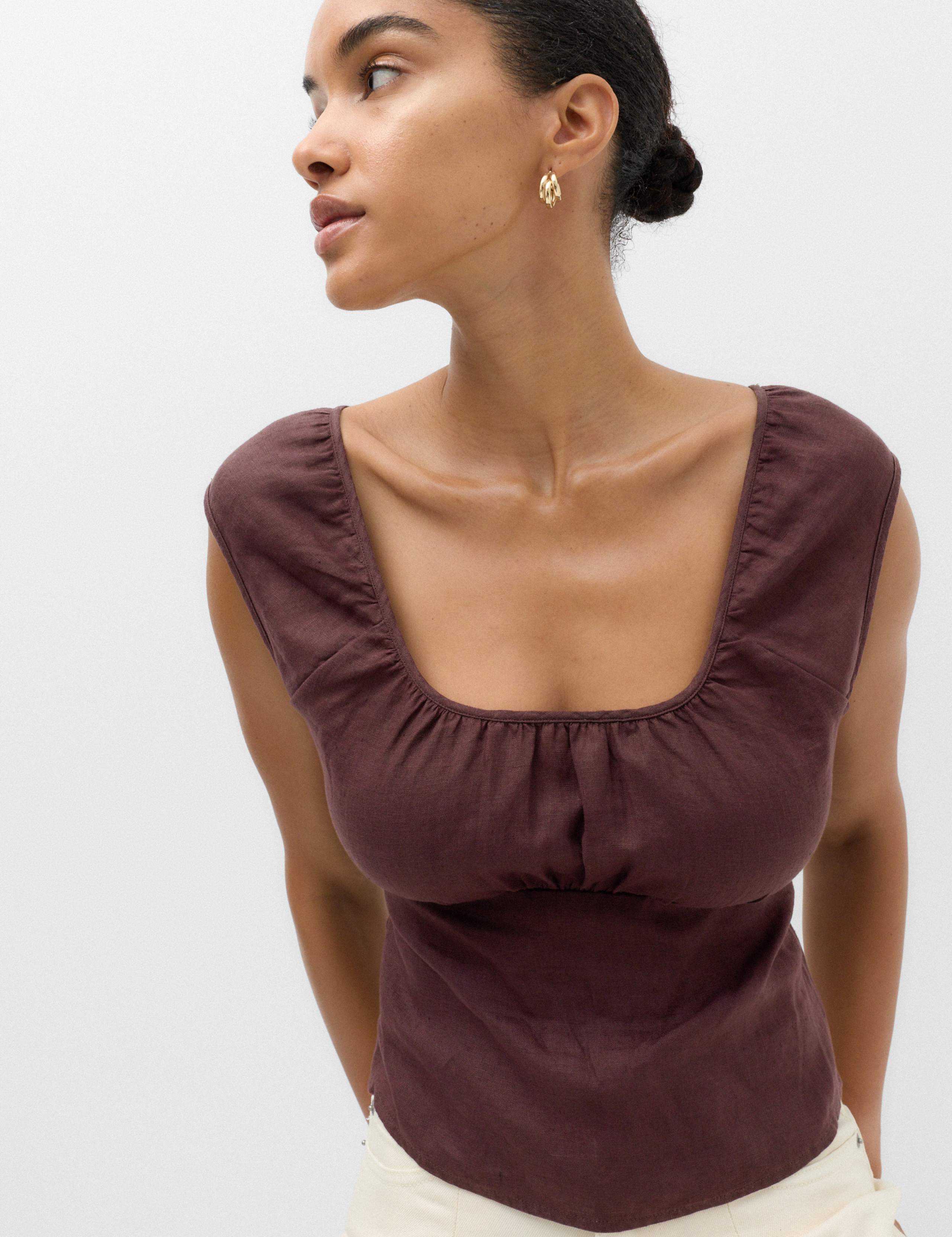 Pure Linen Square Neck Ruched Top 4 of 4